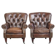 Set of 2 Cognac Brown Grained Cowhide Leather Chesterfield Armchairs