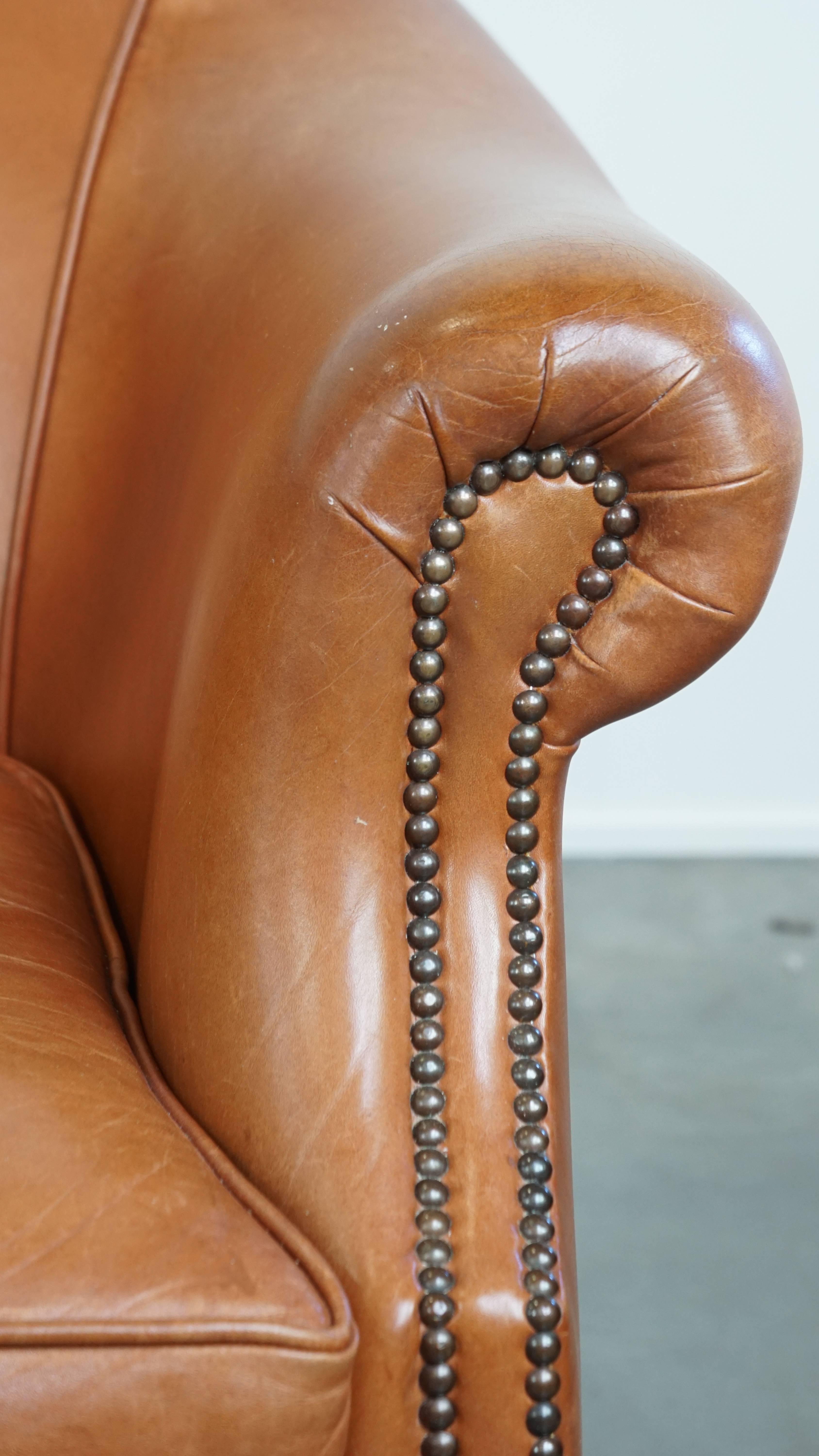 Set of 2 Cognac-Colored Cowhide Leather Club Chairs 7
