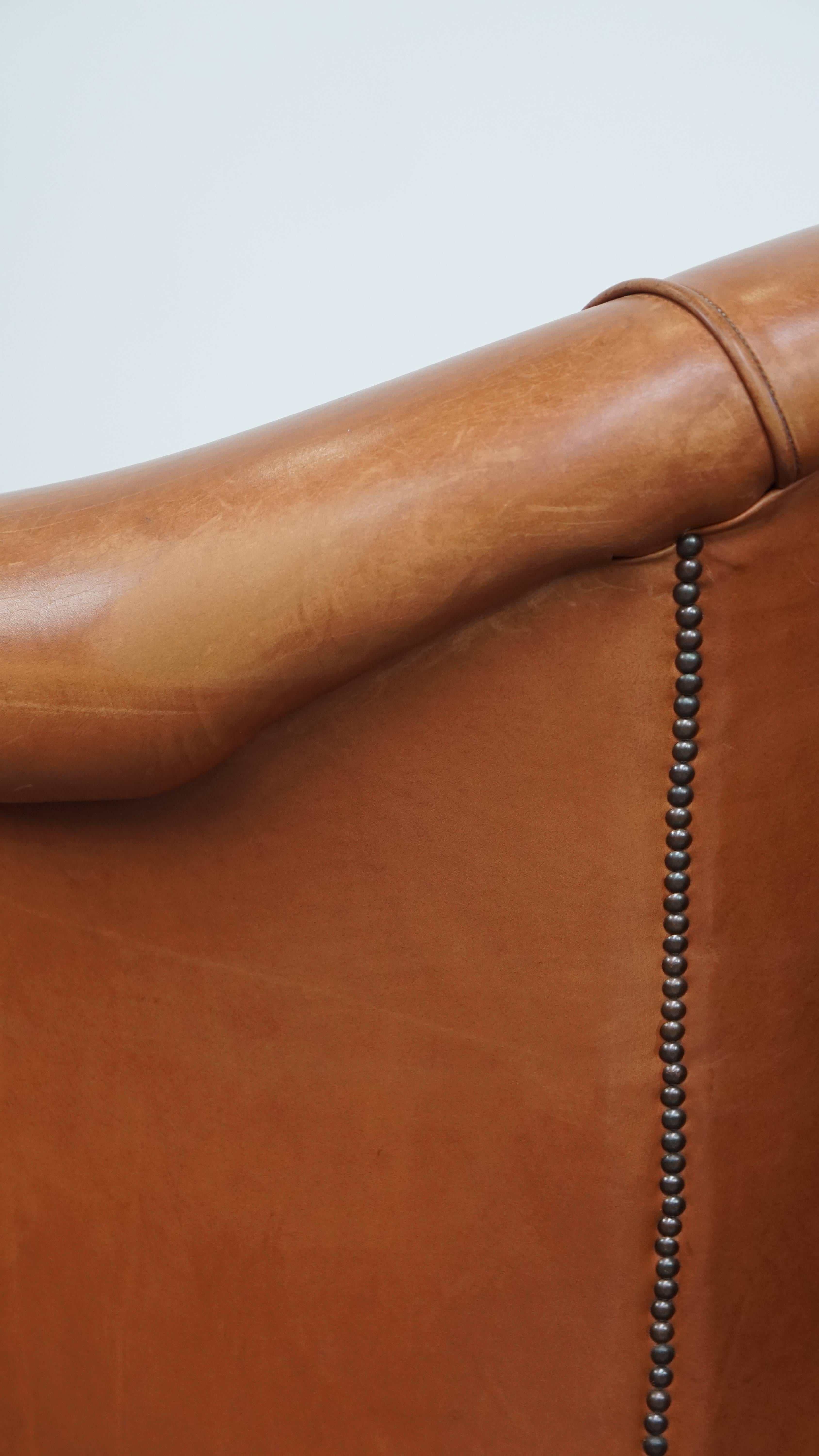 Set of 2 Cognac-Colored Cowhide Leather Club Chairs 8