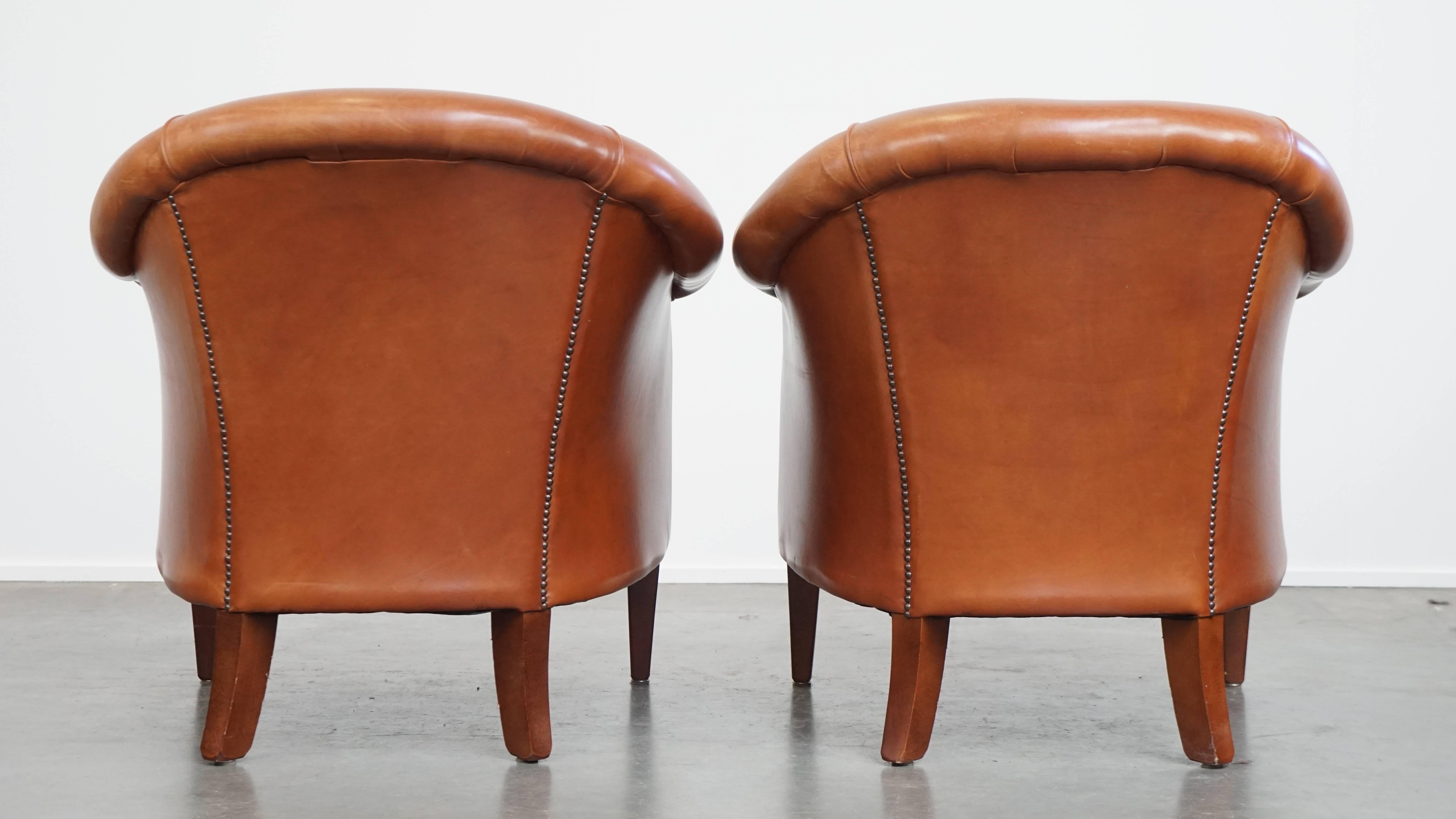 Classical Roman Set of 2 Cognac-Colored Cowhide Leather Club Chairs