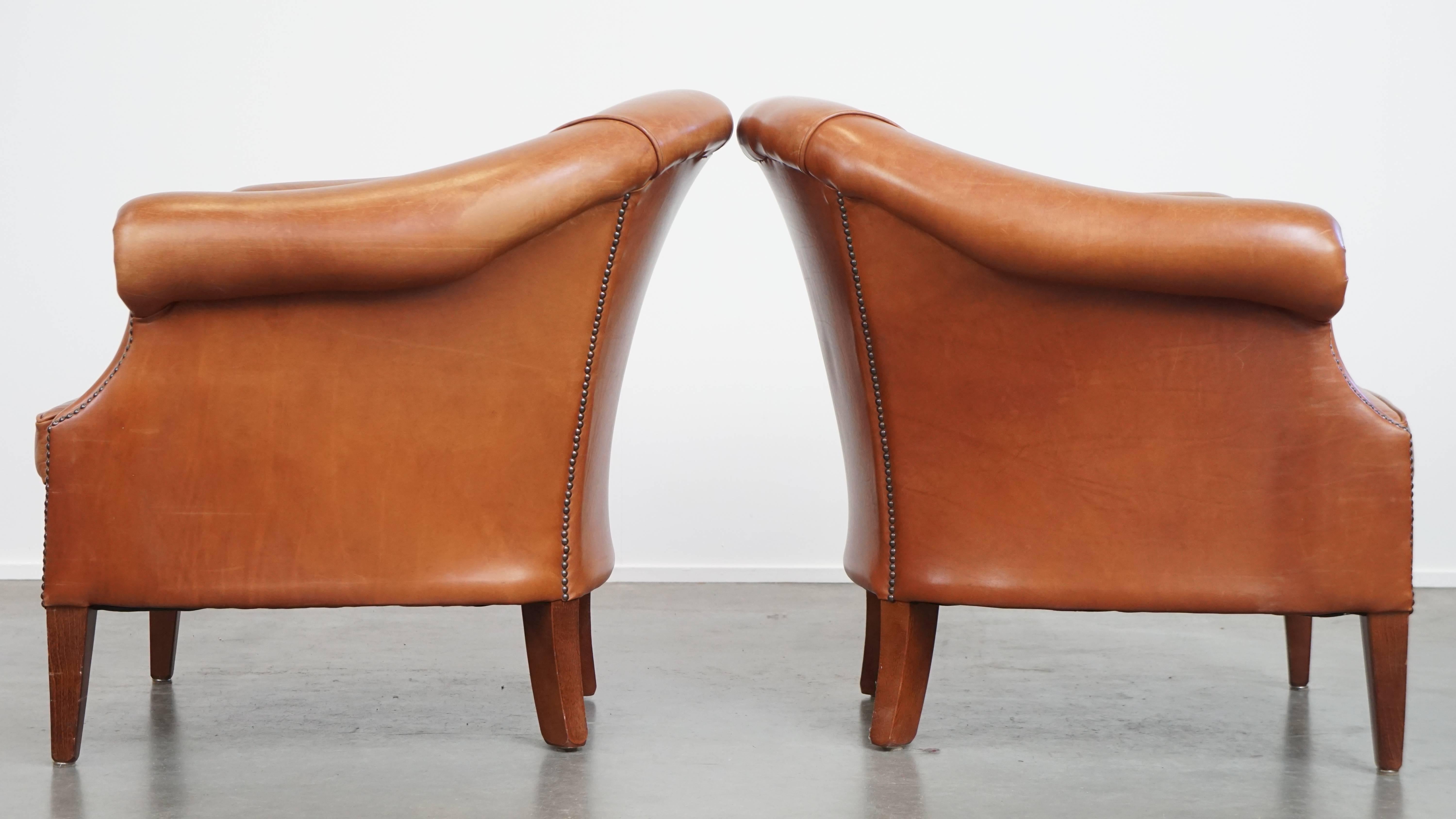 Hand-Crafted Set of 2 Cognac-Colored Cowhide Leather Club Chairs