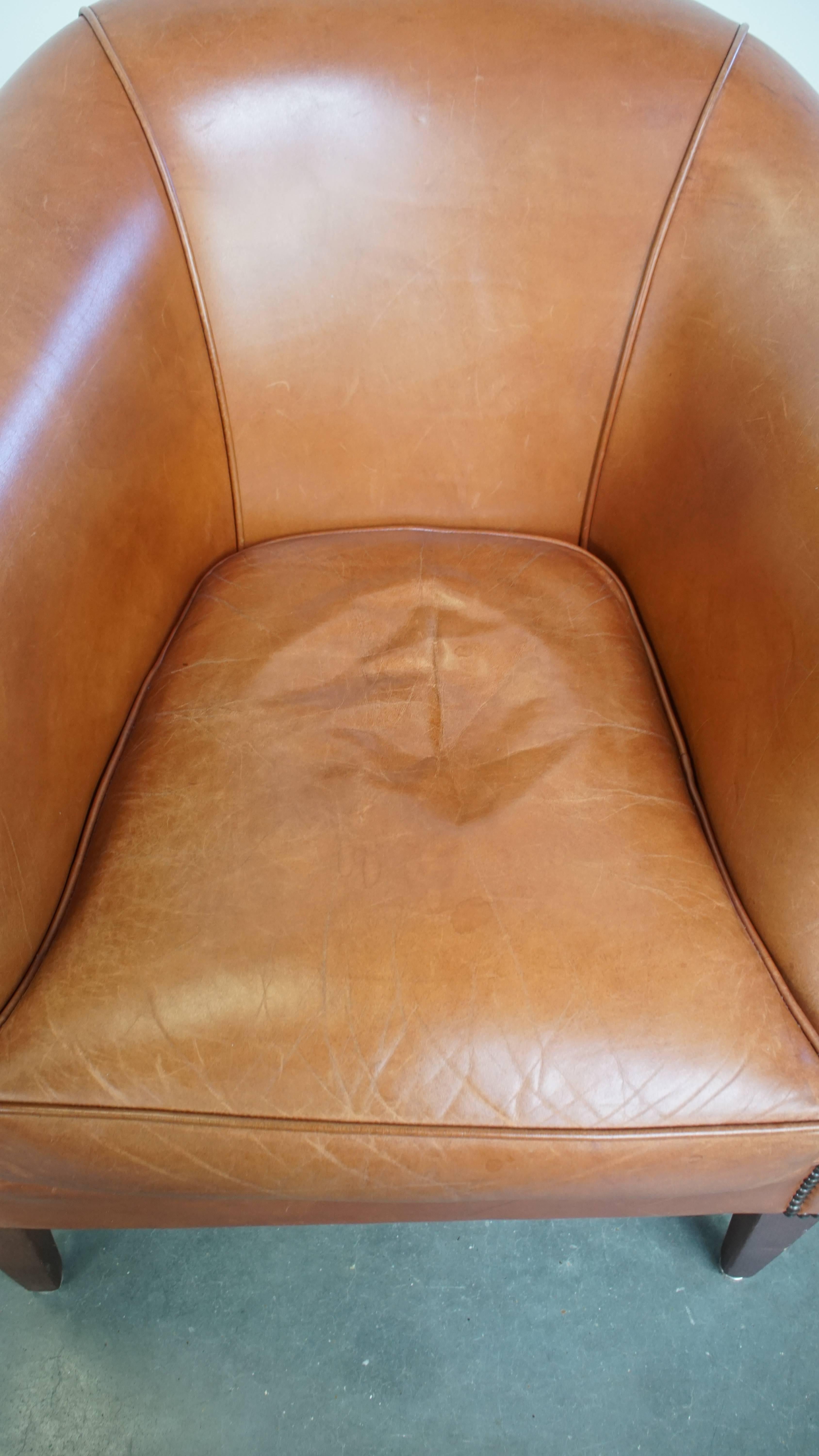 20th Century Set of 2 Cognac-Colored Cowhide Leather Club Chairs