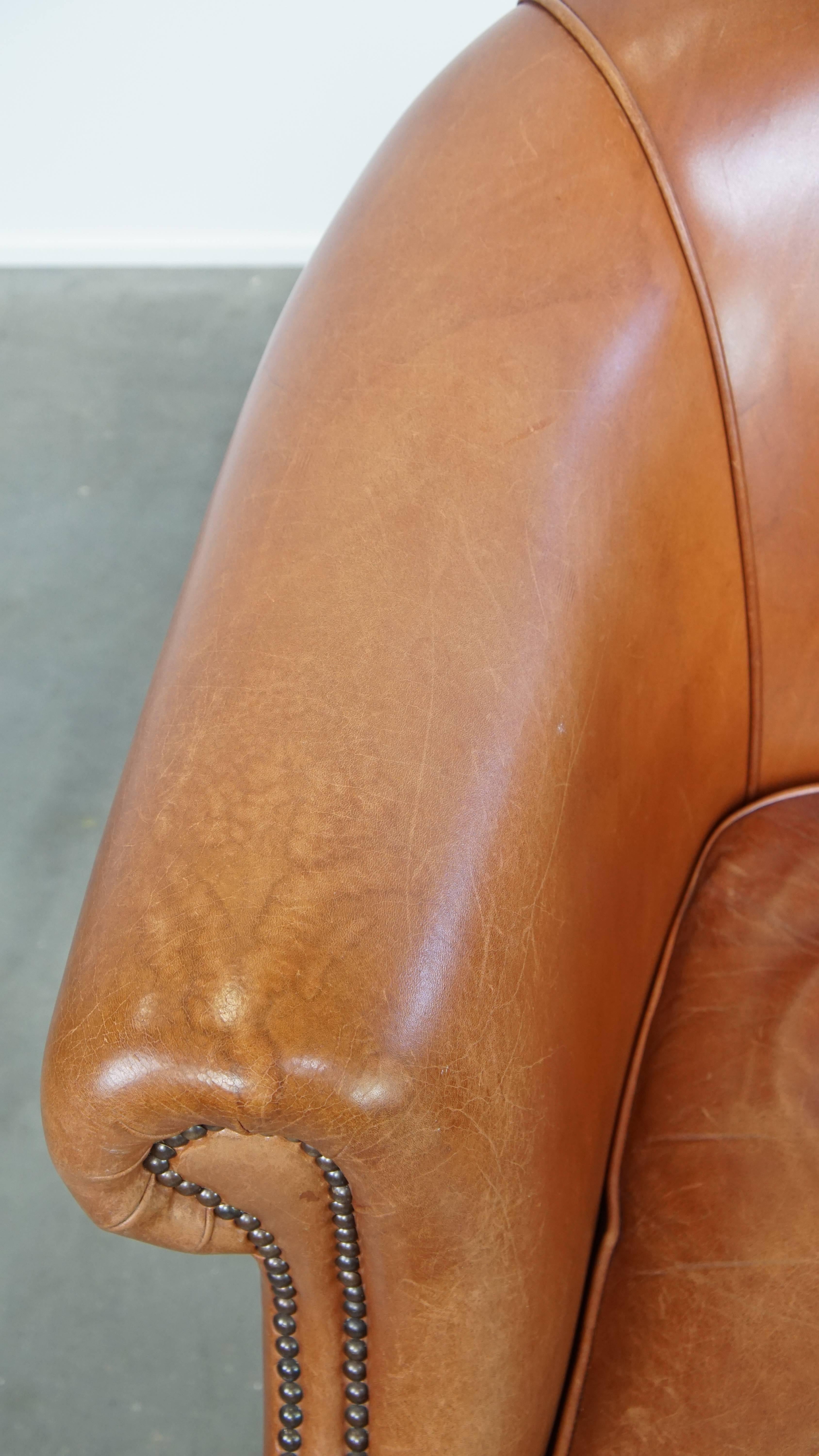 Set of 2 Cognac-Colored Cowhide Leather Club Chairs 1