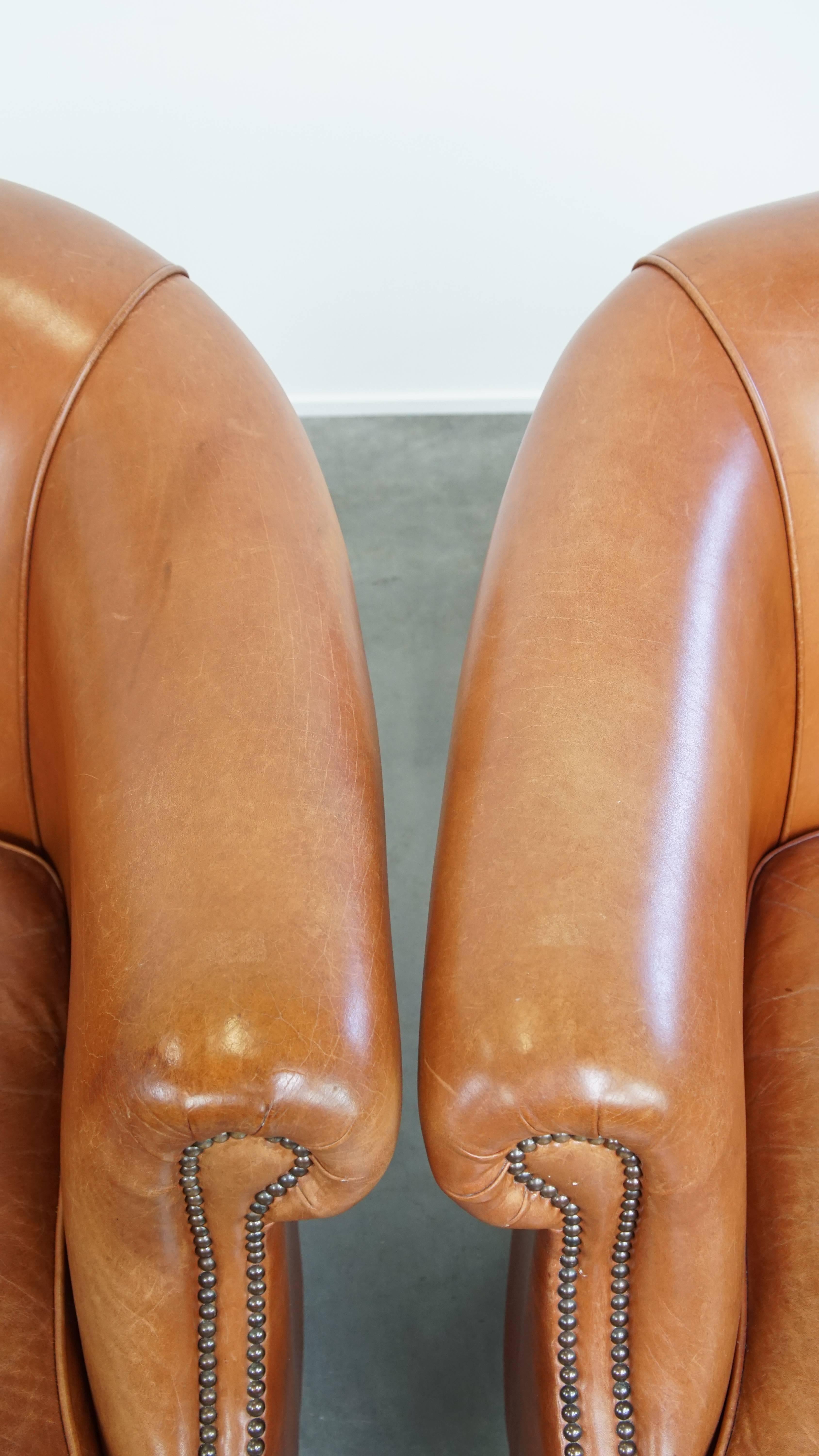 Set of 2 Cognac-Colored Cowhide Leather Club Chairs 2