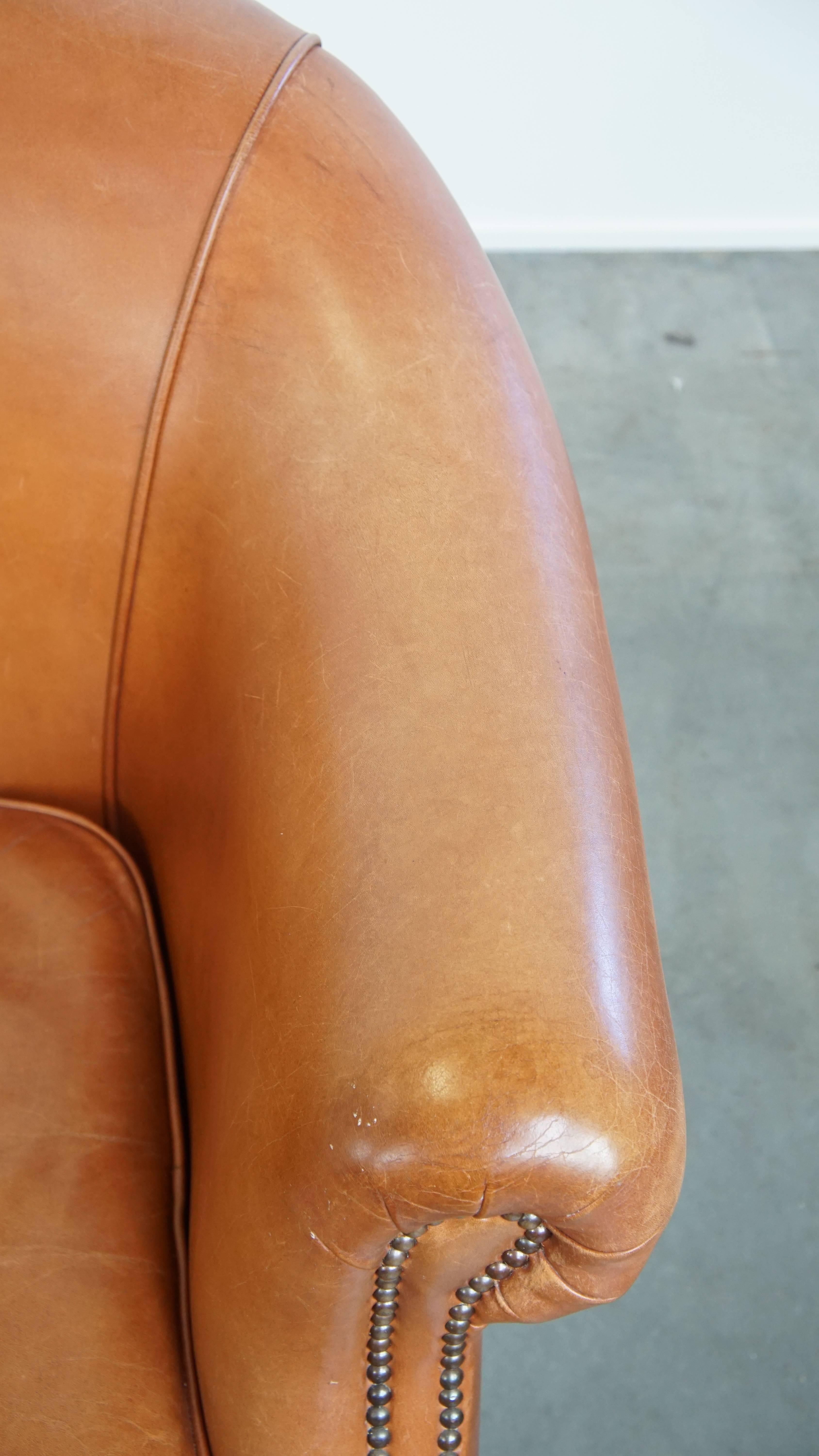 Set of 2 Cognac-Colored Cowhide Leather Club Chairs 3