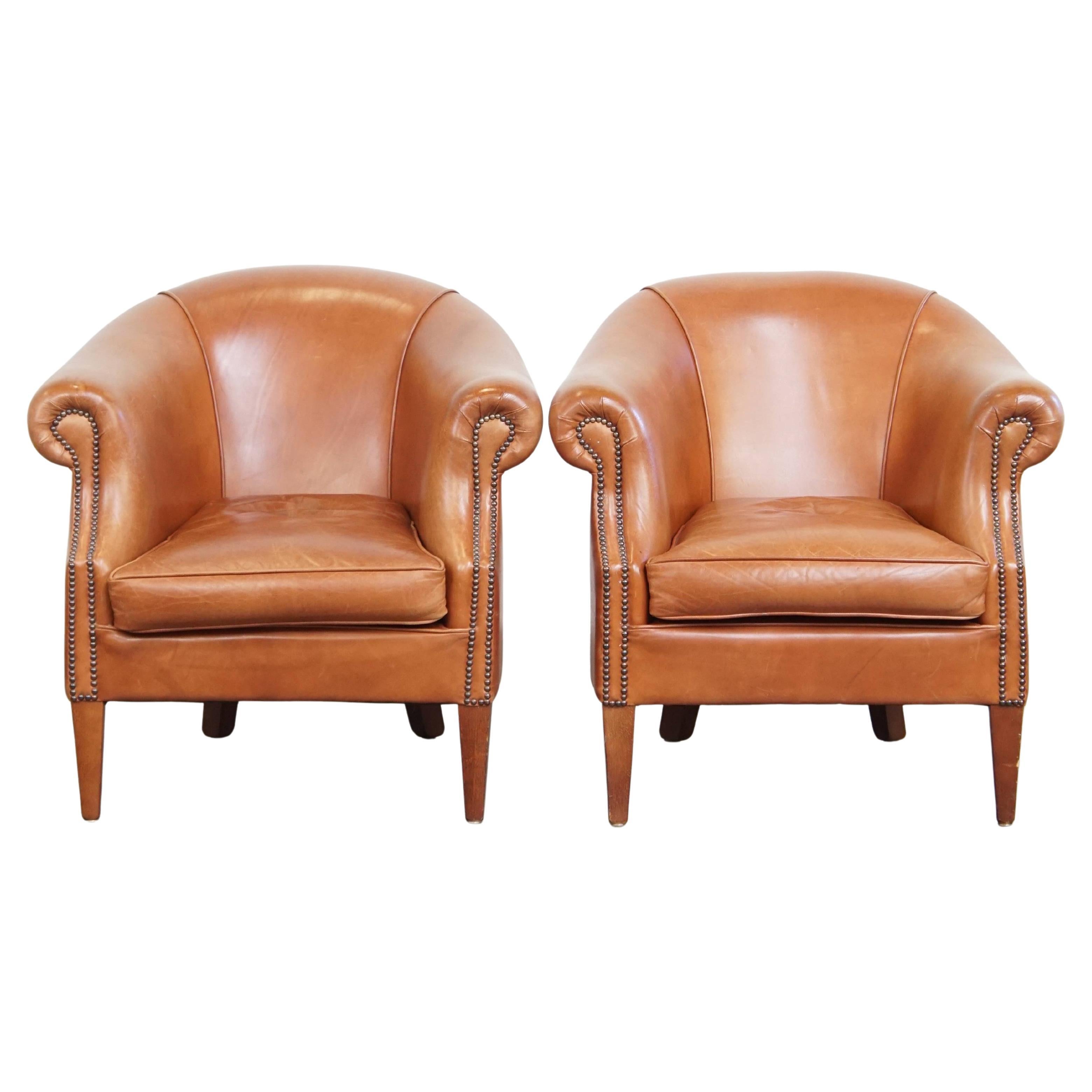 Set of 2 Cognac-Colored Cowhide Leather Club Chairs