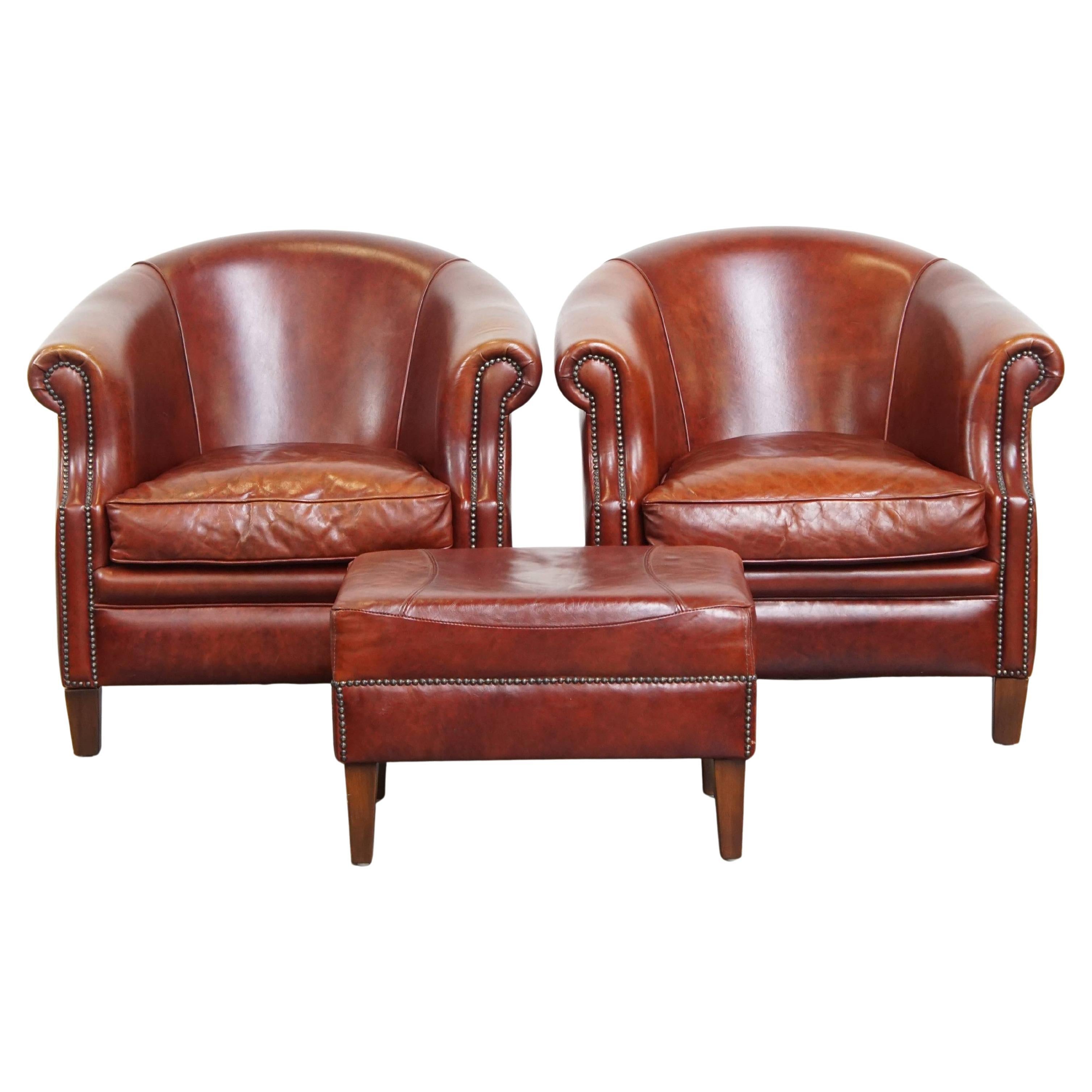 Set of 2 Cognac-Colored Cowhide Leather Club Chairs with Matching Ottoman
