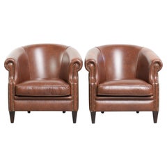 Set di 2 poltrone club in pelle di mucca color cognac in stile inglese