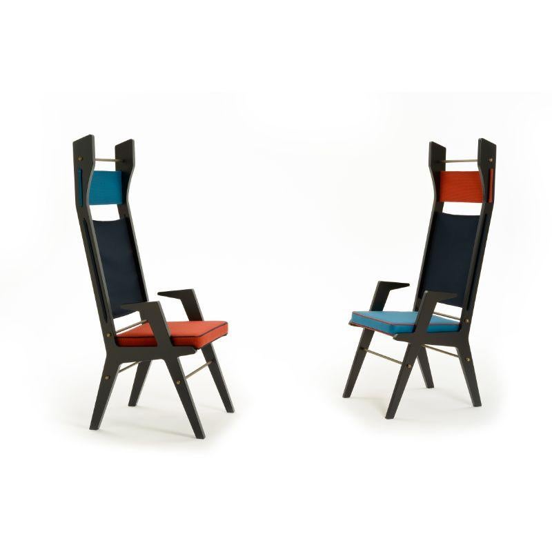 Colette armchair, tourquoise-blue-red & red-blue-tourquoise by Colé Italia with Lorenza Bozzoli
(custom made product)
Dimensions: H.157 D.66,5 W.55 cm
Materials: high back little armchair in MDF black lacquered structure; upholstered seat and