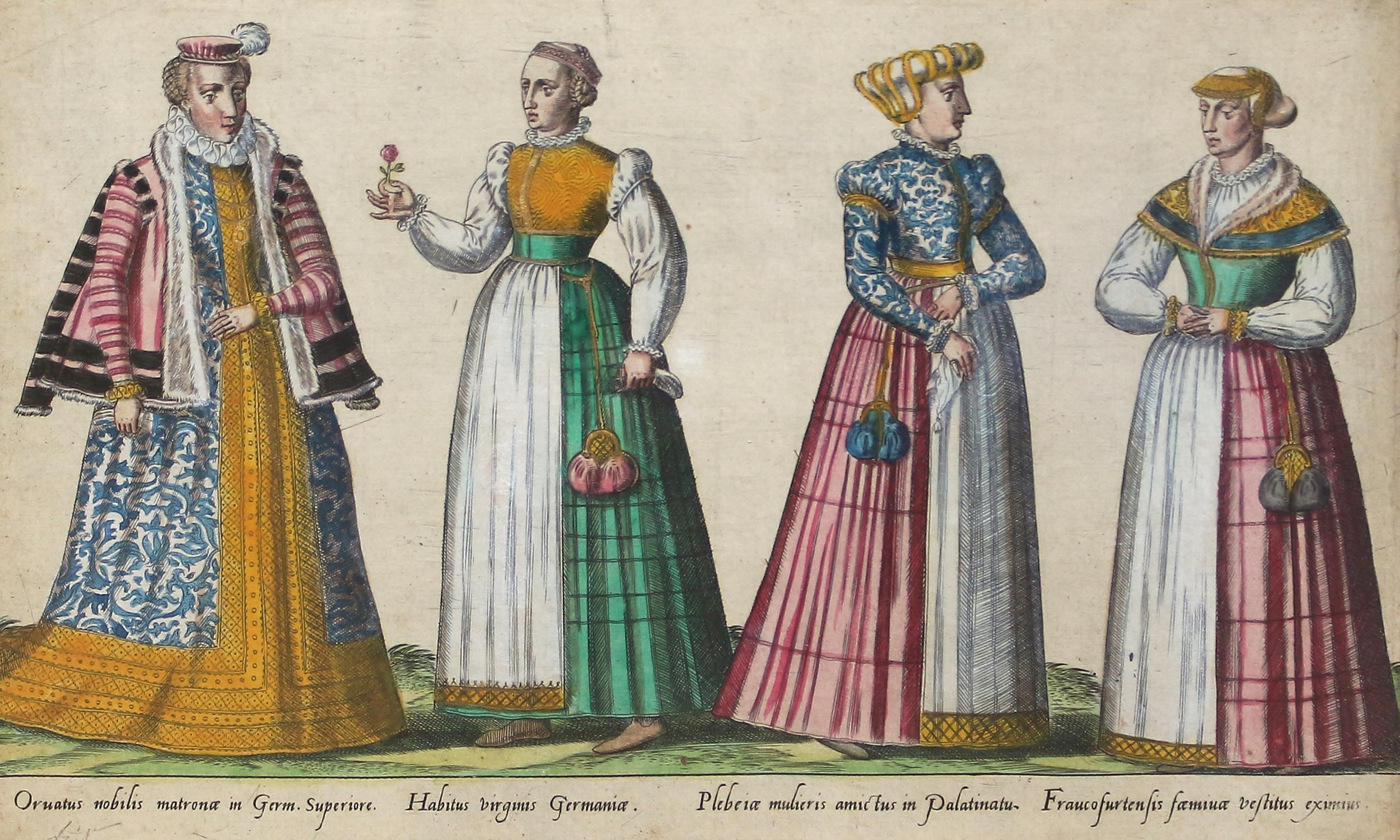 Decorative original set of coloured copper engravings depicting German fashion in the 16th century, around 1580. 

Approx. 20 x 29 and 21.5 x 32 cm. based on matting and glass in frame (not unframed). German fashion around 1580.

Originates from