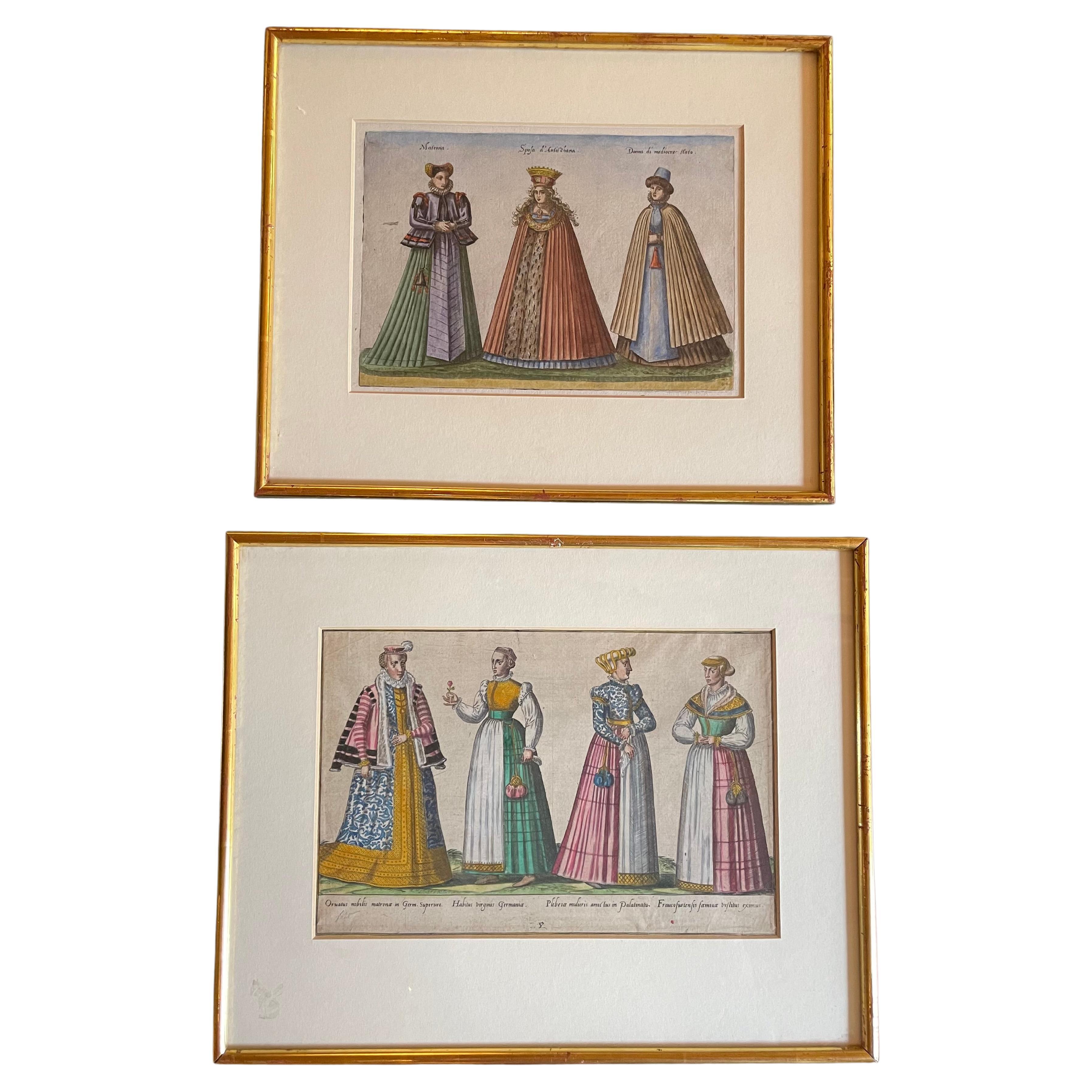 Set von 2 farbigen Kupferstichen, die deutsche Mode im 16. Jahrhundert darstellen