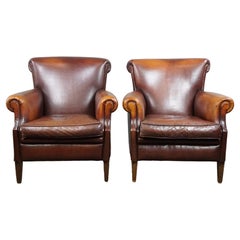 Set of 2 Comfortable Sheepskin Leather Armchairs
