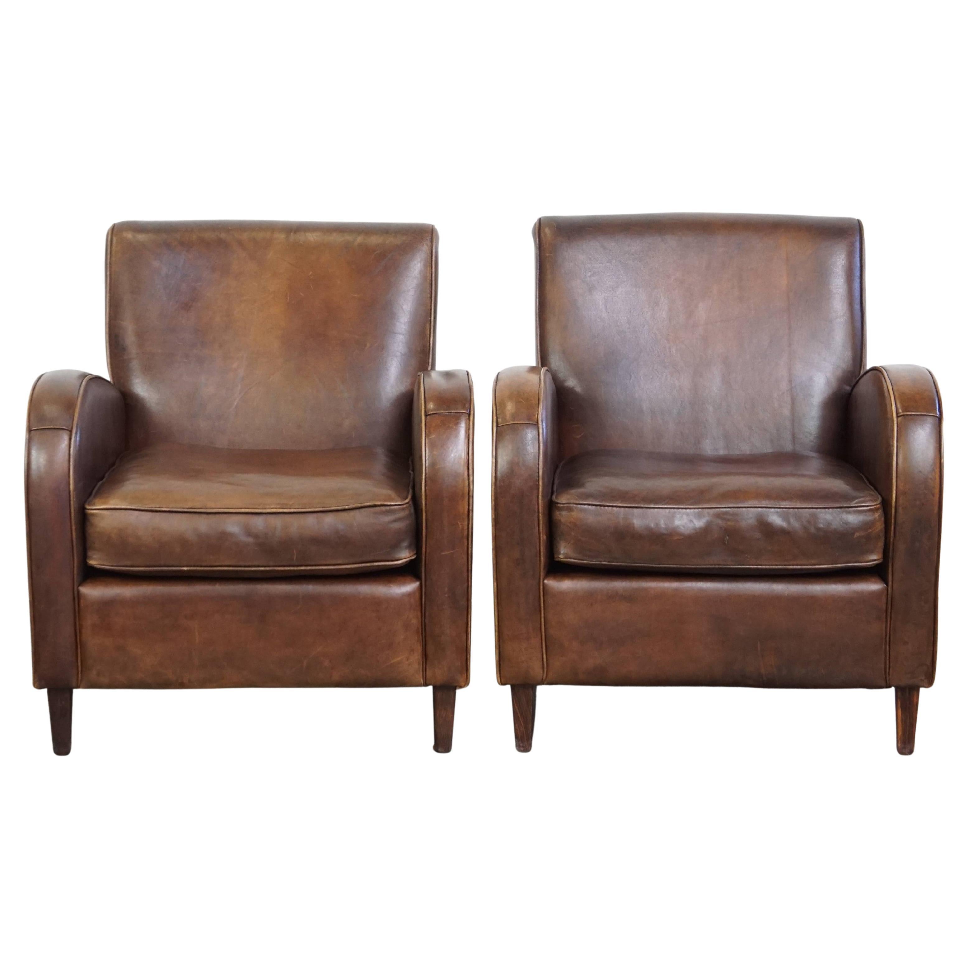 Set of 2 Comfortable Sheepskin Leather Armchairs with a Beautiful Patina