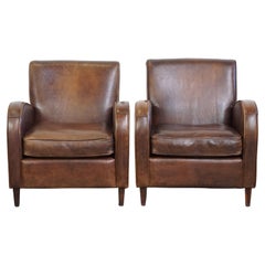Set of 2 Comfortable Sheepskin Leather Armchairs with a Beautiful Patina