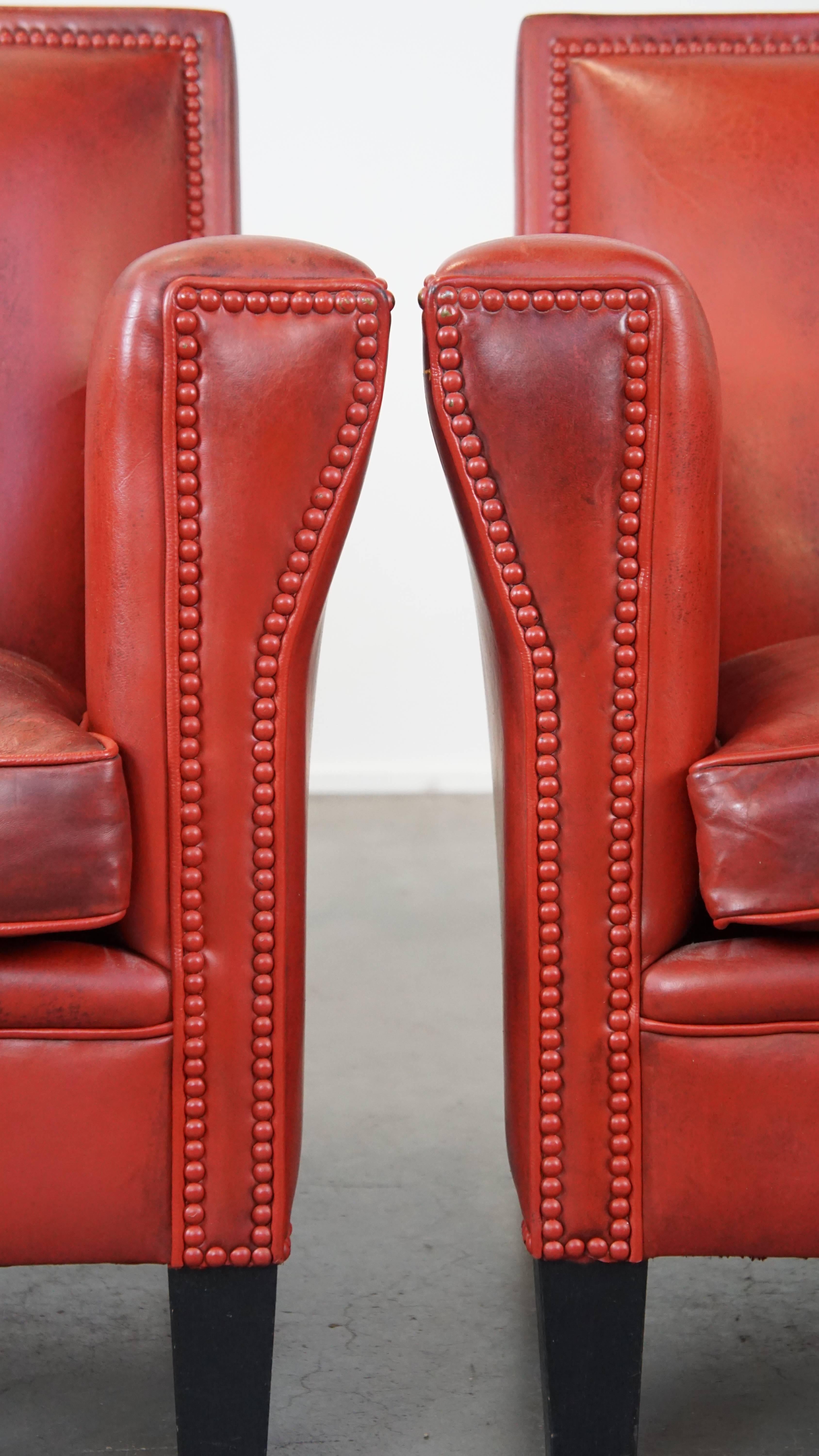 Set of 2 comfortable, unique, stylish, red-colored sheepskin design armchairs For Sale 10