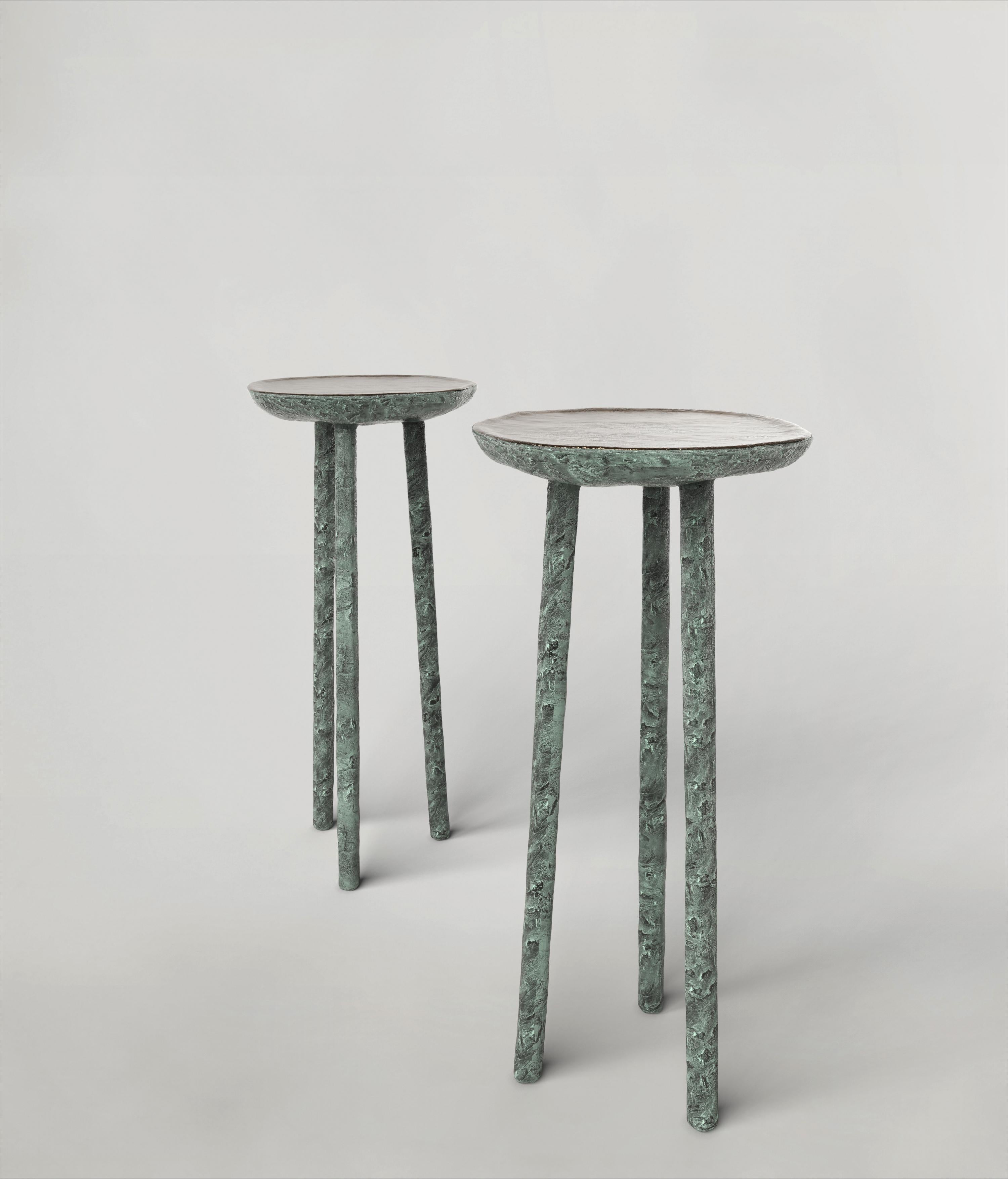 Set of 2 Comma V3 high stools by Edizione Limitata
Limited edition of 150 pieces. Signed and numbered.
Dimensions: D 90 x W 40 x H 130 cm
Materials: green patina bronze

Comma is a 21st Century collection of seatings made by Italian artisans in