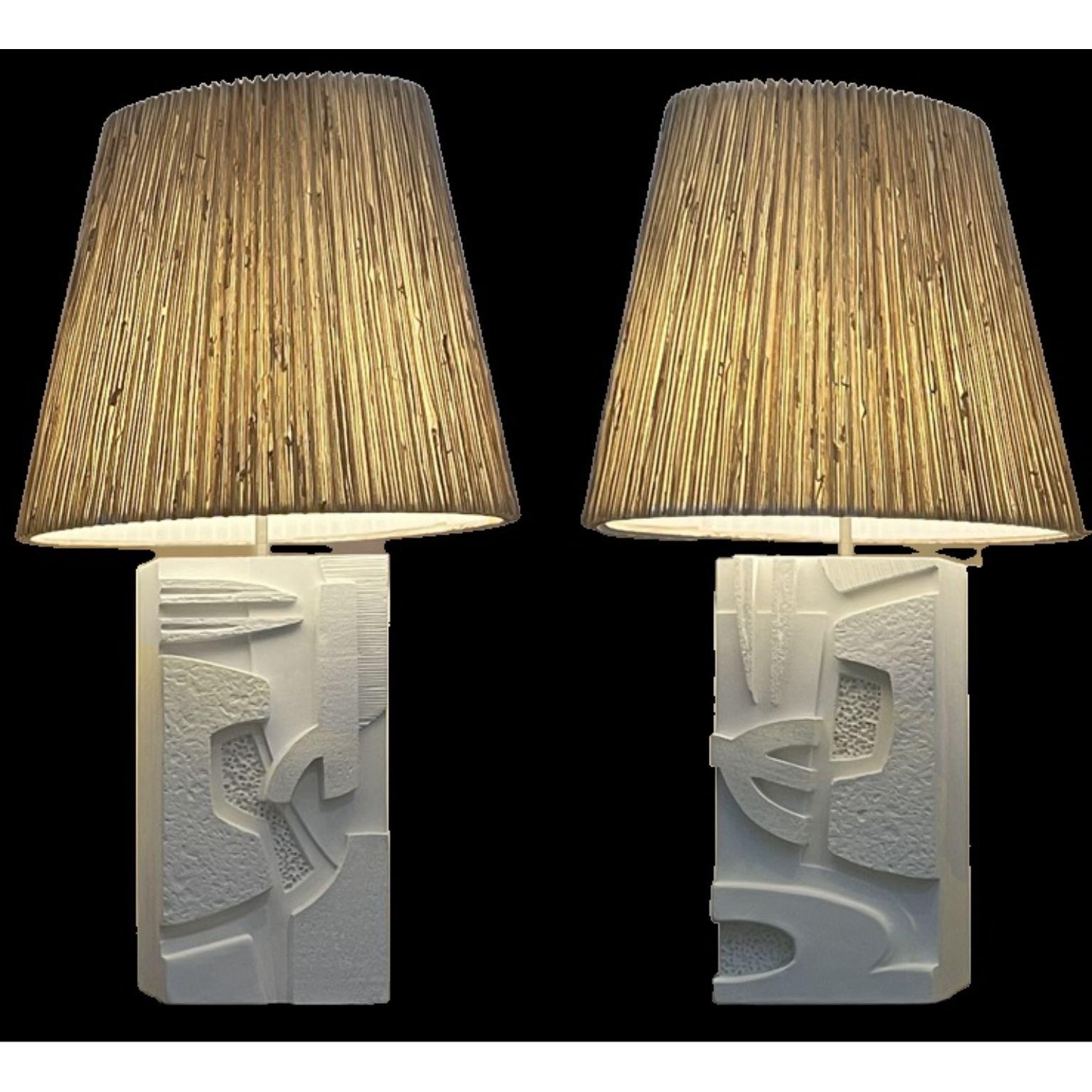 Set of 2 Complementary Pêle-Mêle Table Lamps by Daniel Schneiger
One of a Kind.
Dimensions: D 15,3 x W 23 x H 45,8 cm (each).
Materials: Cast from gypsum plaster.

These lamps are a complementary pair inspired by the collages of Matisse, hence the