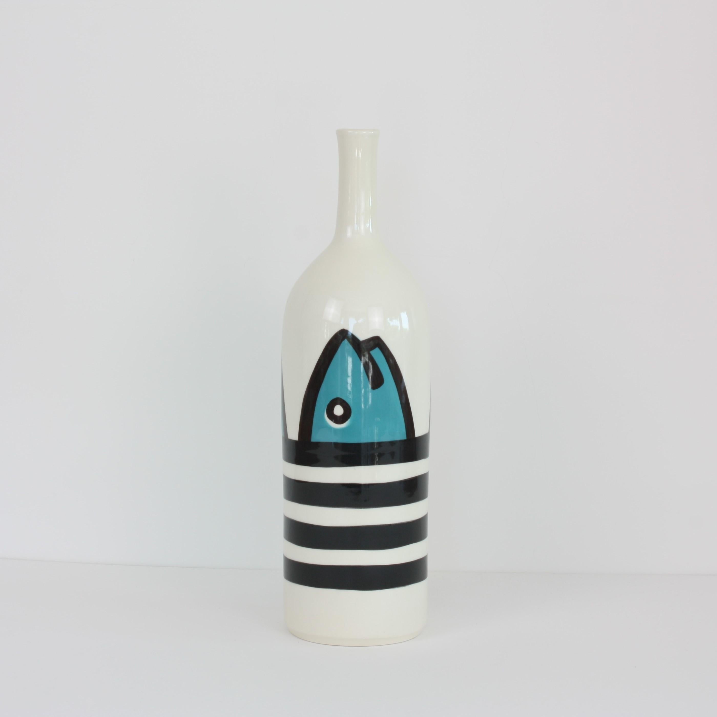 Modern Set of 2 Contemporary Ceramic Bottles with Nautical Motifs, Marinière