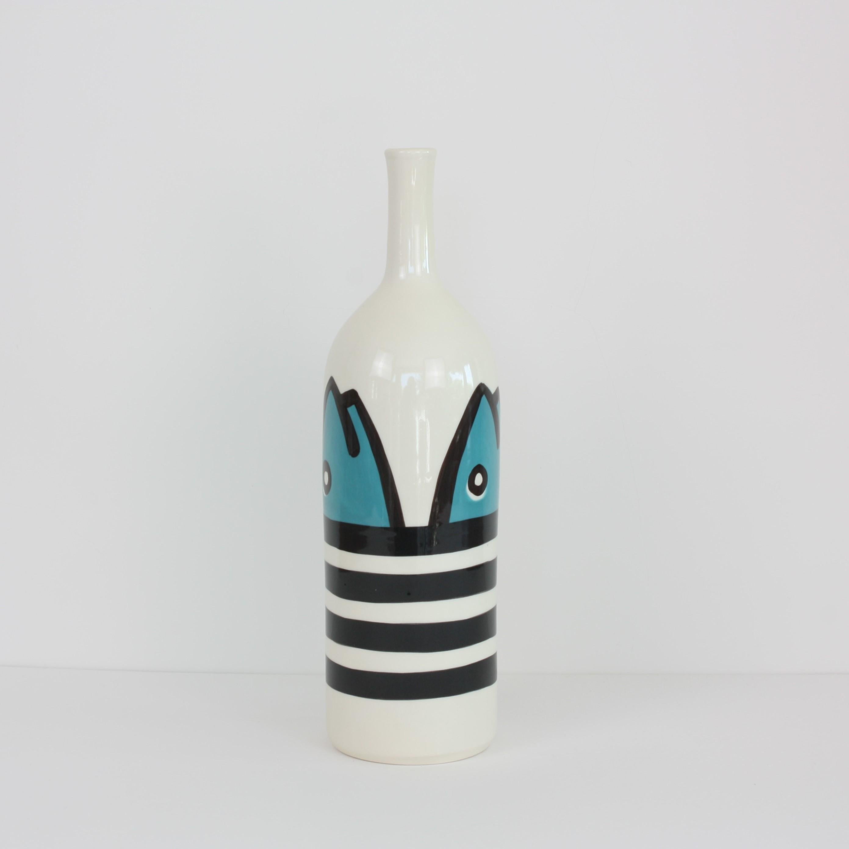 French Set of 2 Contemporary Ceramic Bottles with Nautical Motifs, Marinière