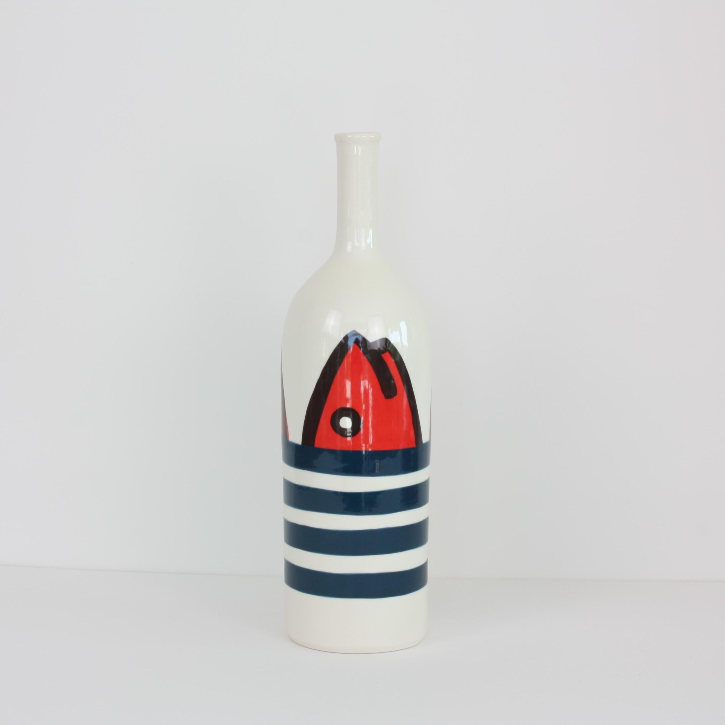 Set of 2 Contemporary Ceramic Bottles with Nautical Motifs, Marinière In New Condition In Mareil-Marly, Yvelines