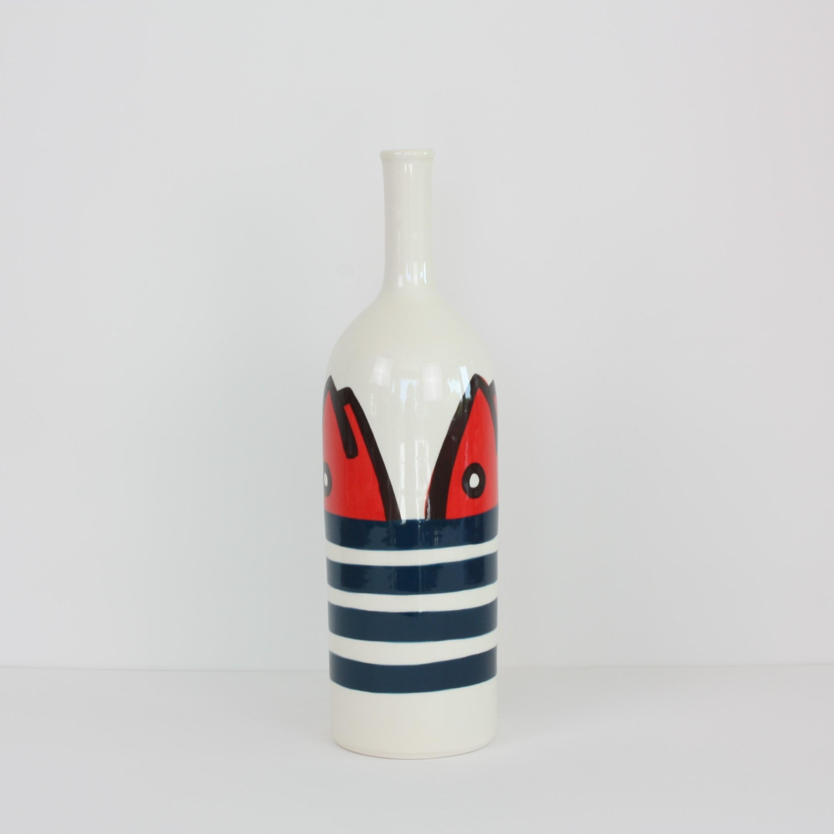 Set of 2 Contemporary Ceramic Bottles with Nautical Motifs, Marinière 1
