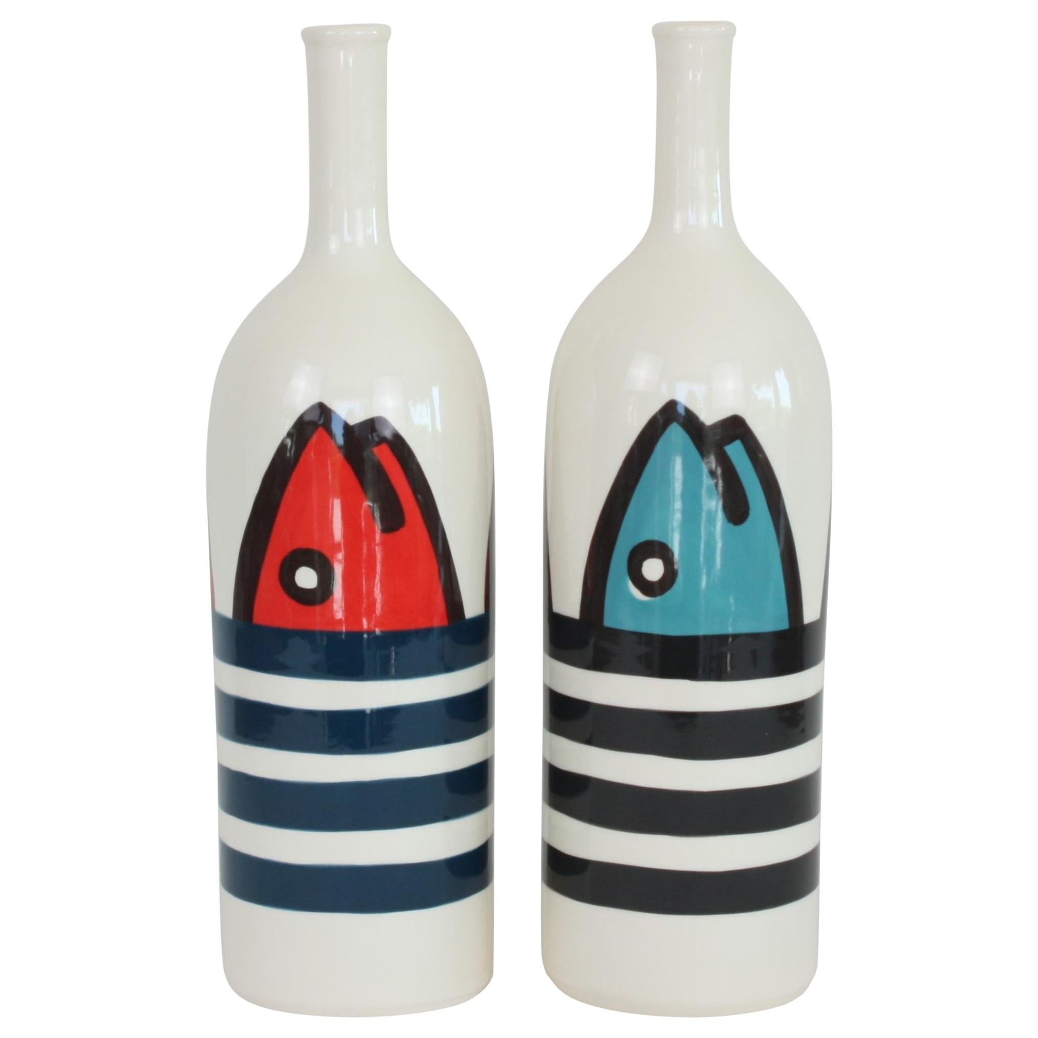 Set of 2 Contemporary Ceramic Bottles with Nautical Motifs, Marinière
