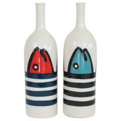 Set of 2 Contemporary Ceramic Bottles with Nautical Motifs, Marinière