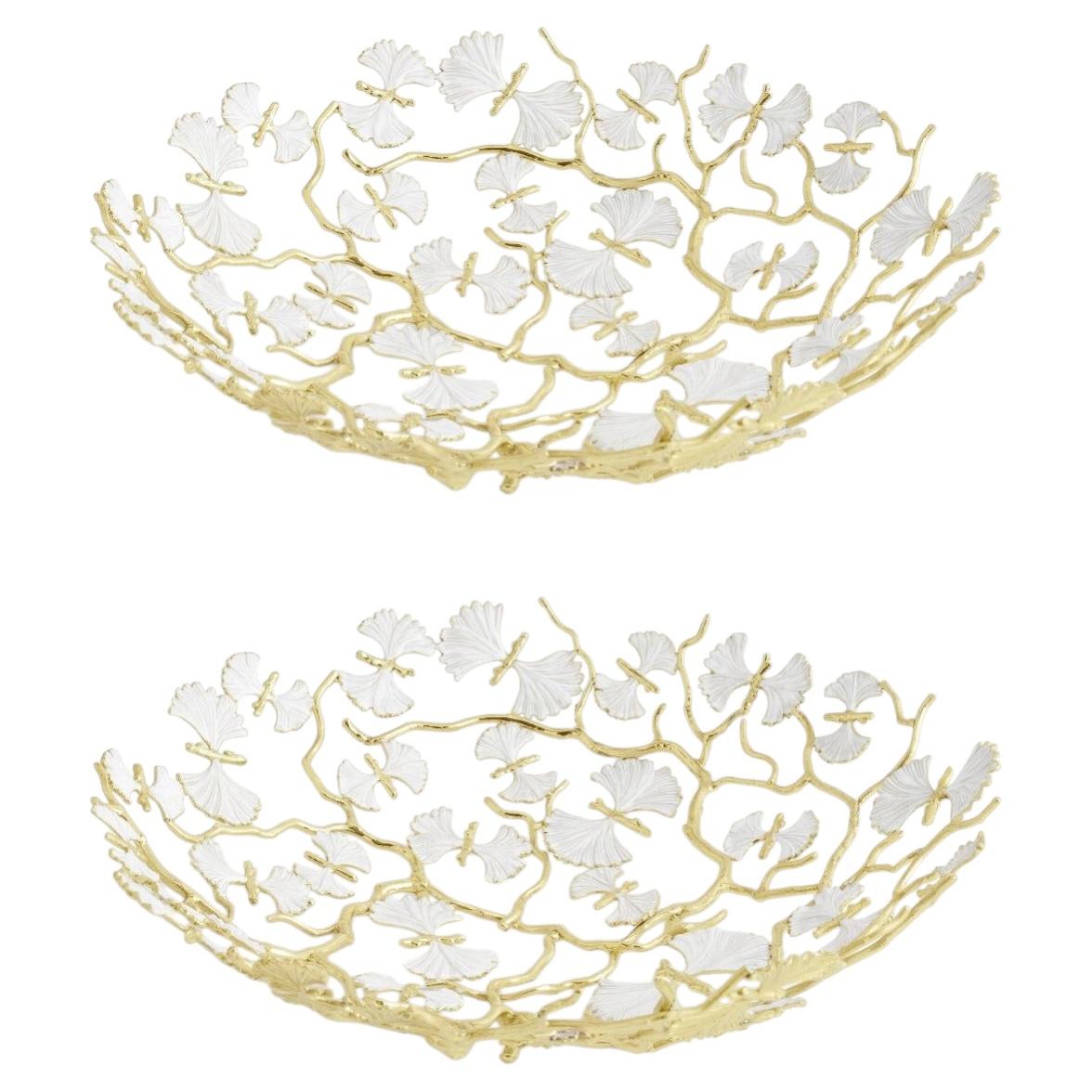Set of 2 Contemporary Gold Metal Ginkgo Bowl