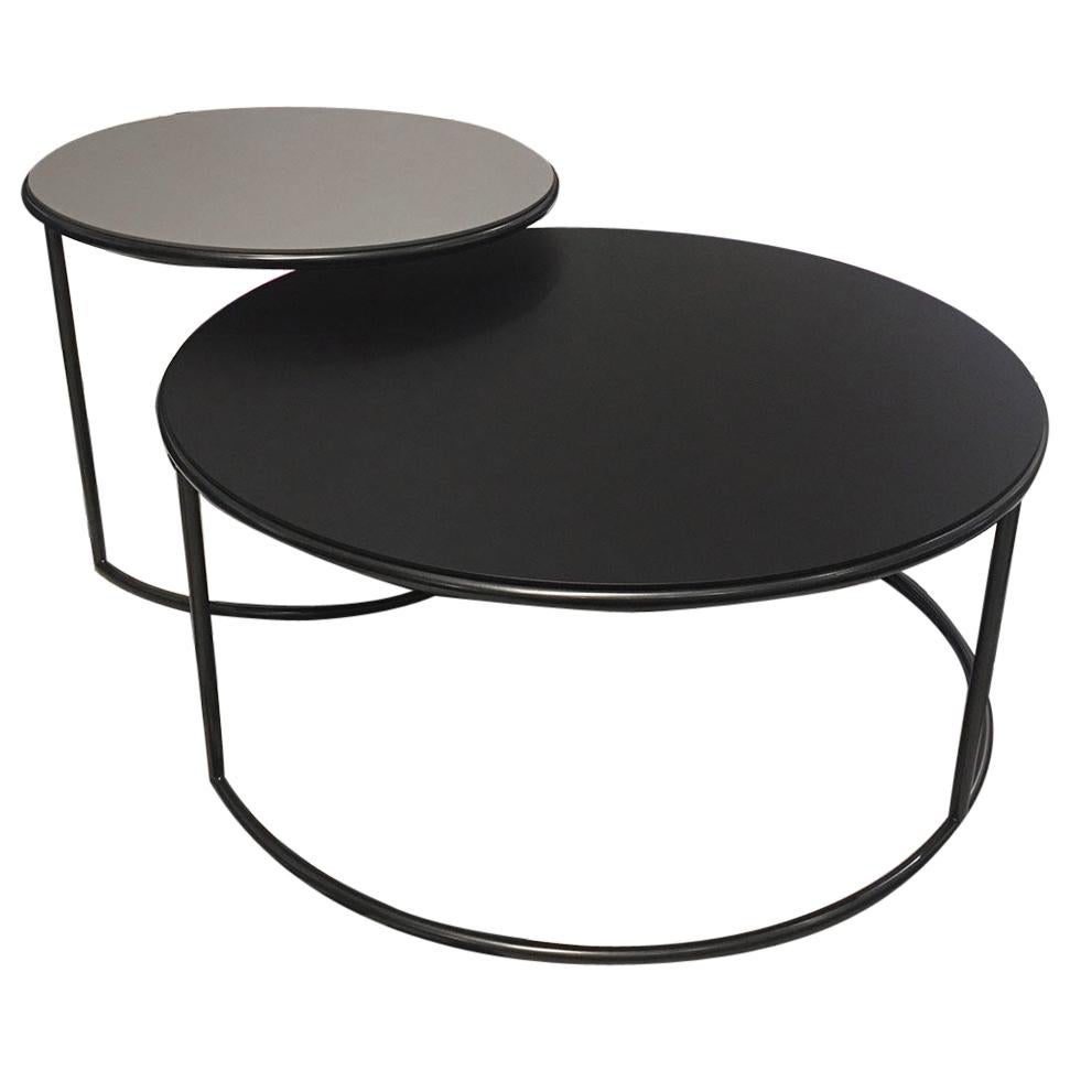 Set of 2 Contemporary Round Black and Grey Matt Lacquered Nesting Tables