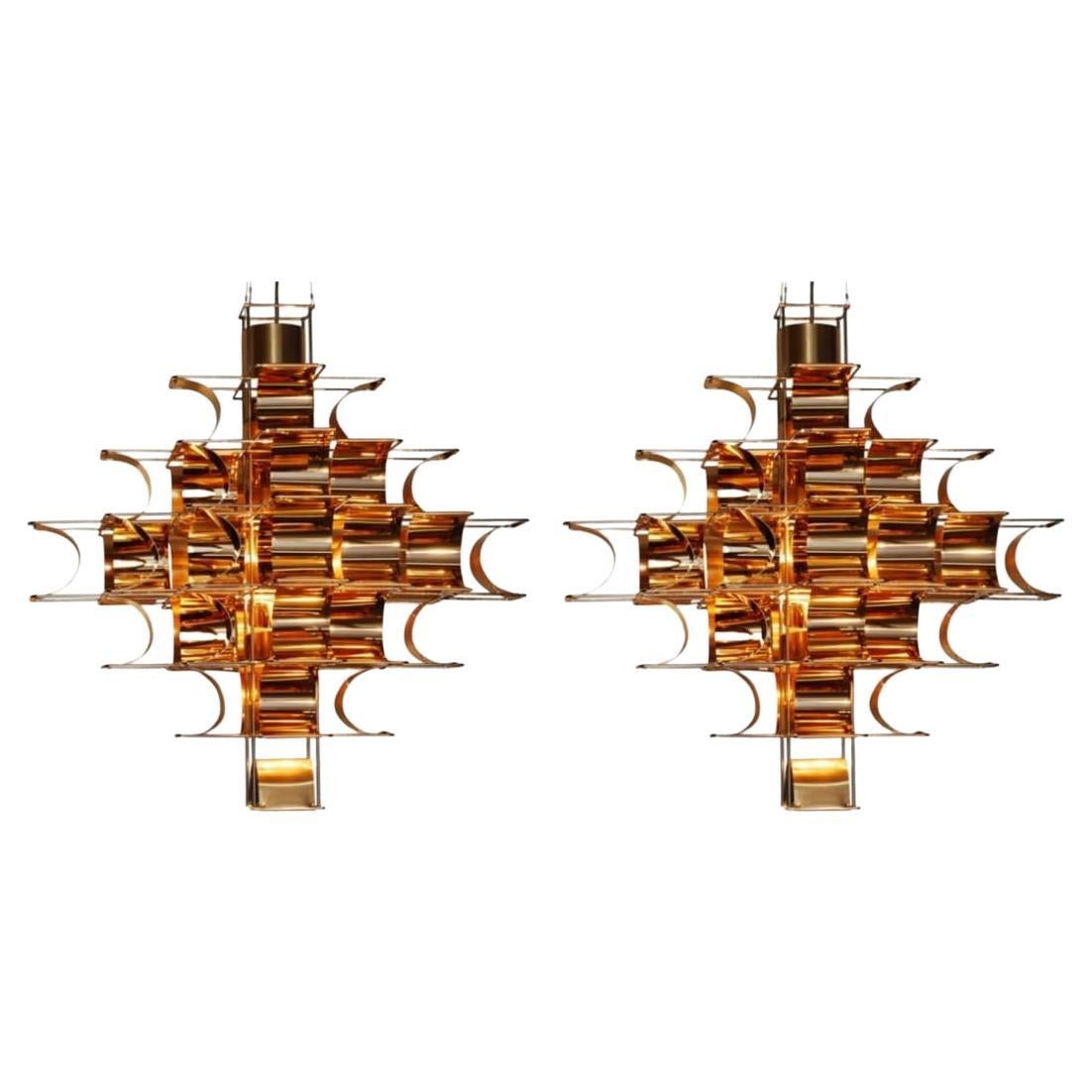 Ensemble de 2 lampes à suspension Cassiope en cuivre de 9 niveaux par Sebastien Sauze