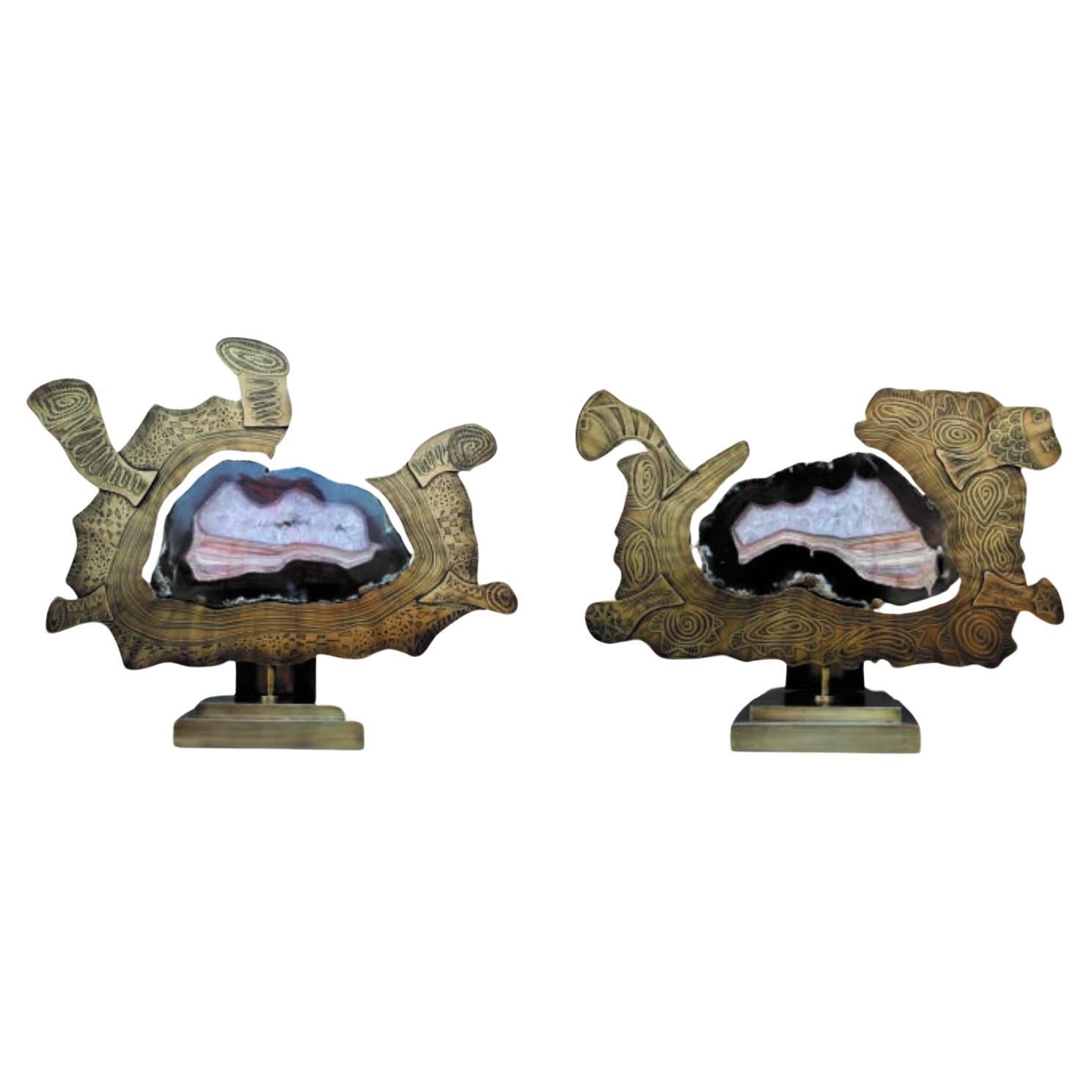 Set of 2 Coral And Anemon Agate Stone Stands by Brutalist Be