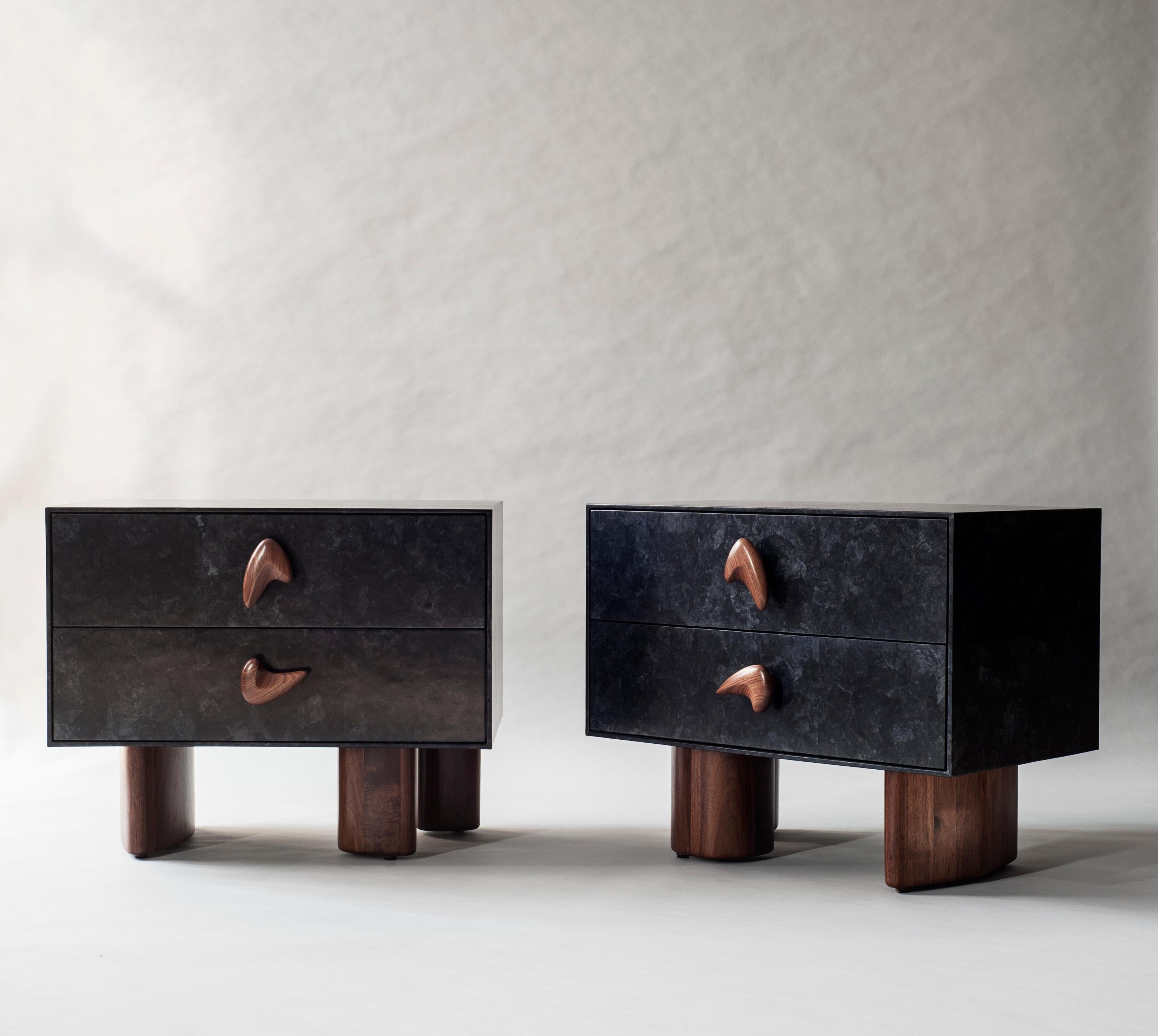 Set of 2 corbu bedside table by DeMuro Das 
Dimensions: W 76 x D 50.2 x H 61.5 cm
Materials: Solid walnut - Matte
 Carta (Coal) - Matte

Dimensions and finishes can be customized 

DeMuro Das is an international design firm and the aesthetic