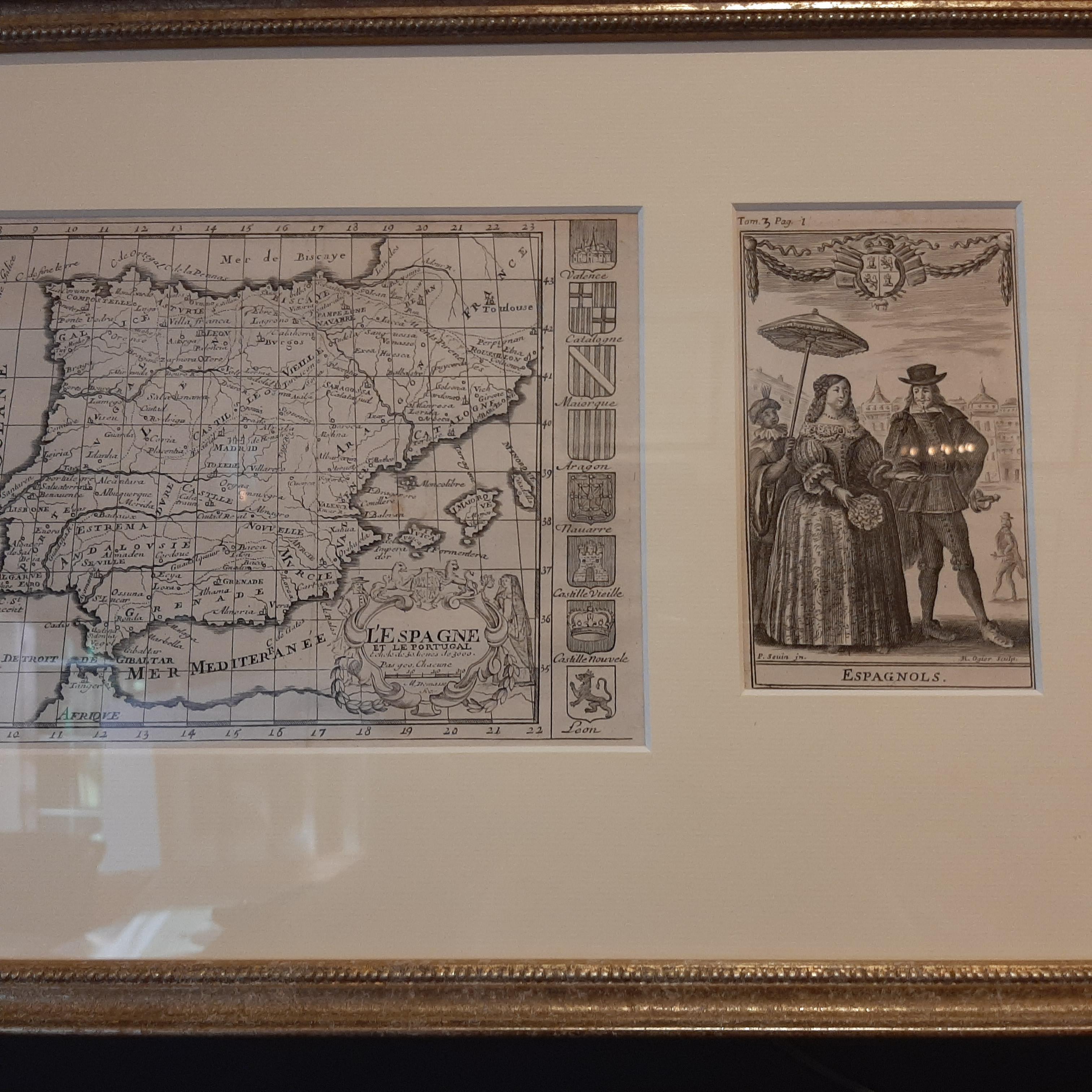 Set von 2 Kostümdrucken und einer Karte von Spanien und Portugal, um 1720 im Zustand „Gut“ im Angebot in Langweer, NL
