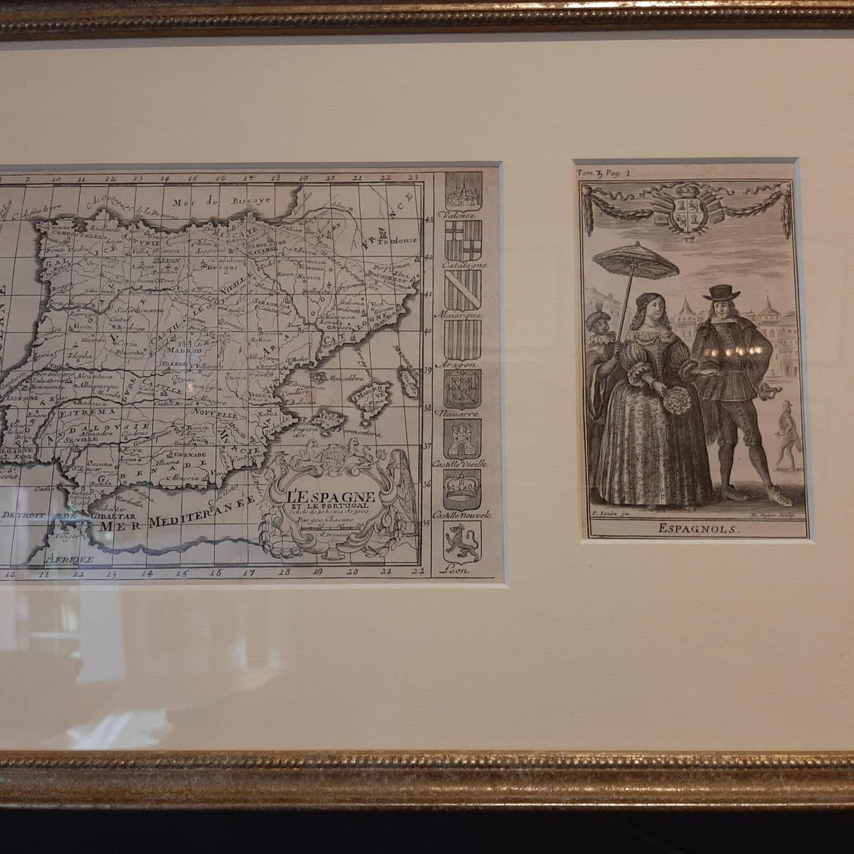 Framed Set of 2 Costume Prints and a Map of Spain and Portugal, circa 1720