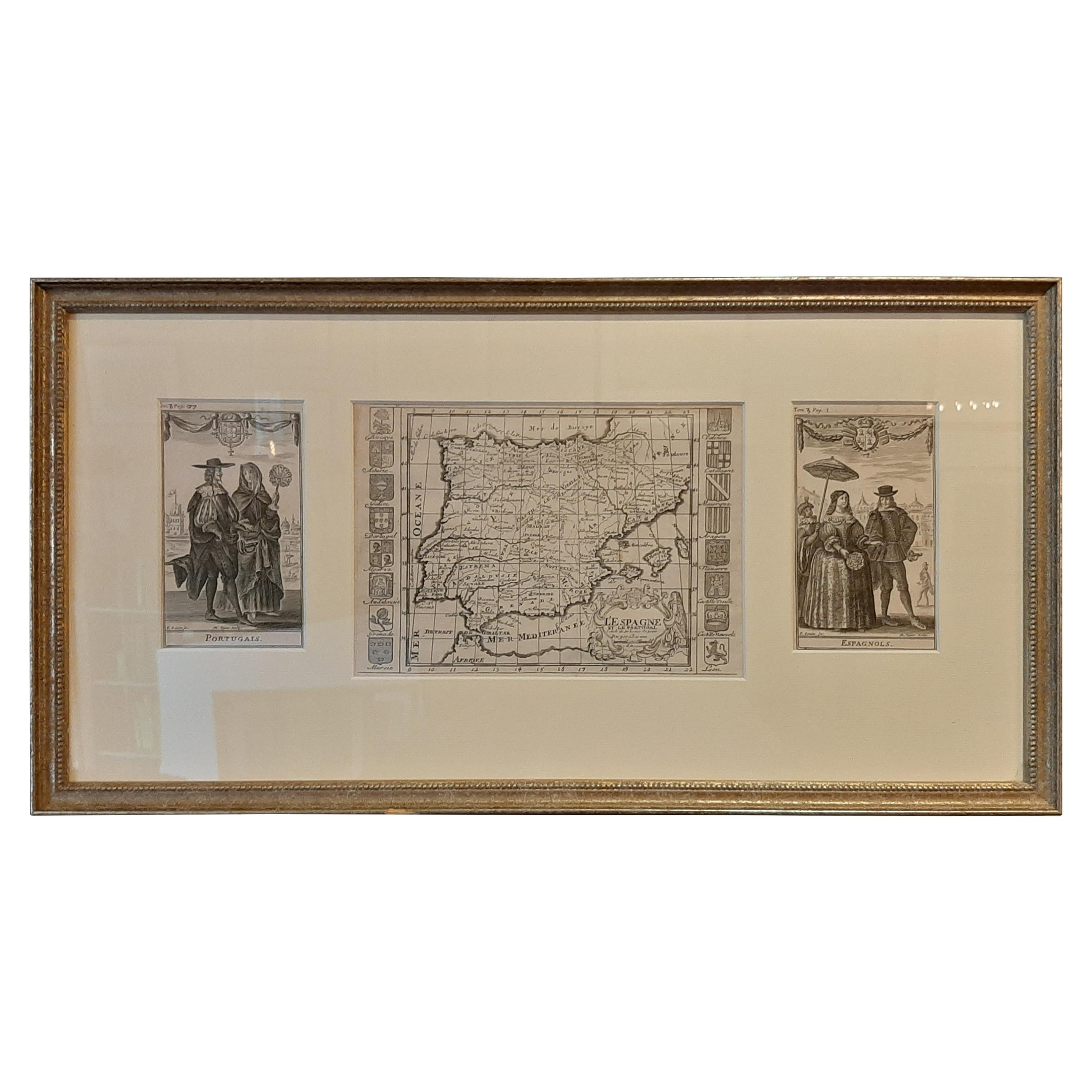 Set of 2 Costume Prints and a Map of Spain and Portugal, circa 1720 For Sale