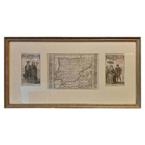 Framed Set of 2 Costume Prints and a Map of Spain and Portugal, circa 1720