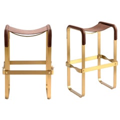 Pair Contemporary Counter Bar Stool Aged Brass Metal & Dark Brown Leather