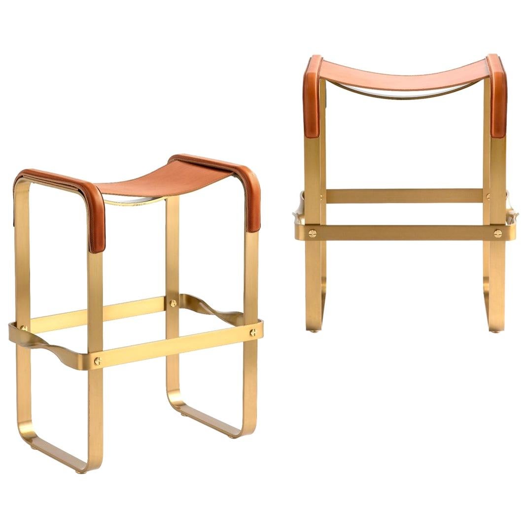 Set of 2 Counter Stool Contemporary Design, Aged Brass & Natural Tobacco Leather