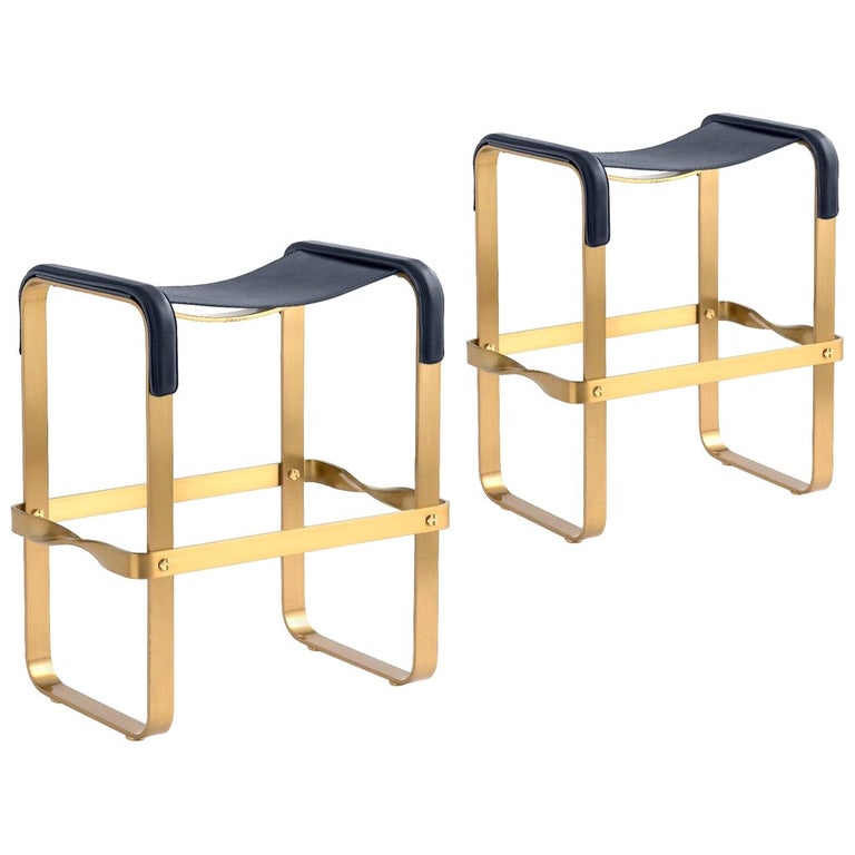 Pair Contemporary Classic Counter Bar Stool Aged Brass Metal and Navy Blue Leather For Sale at