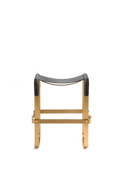 Pair Contemporary Classic Counter Barhocker Aged Brass Metall & Schwarzes Leder