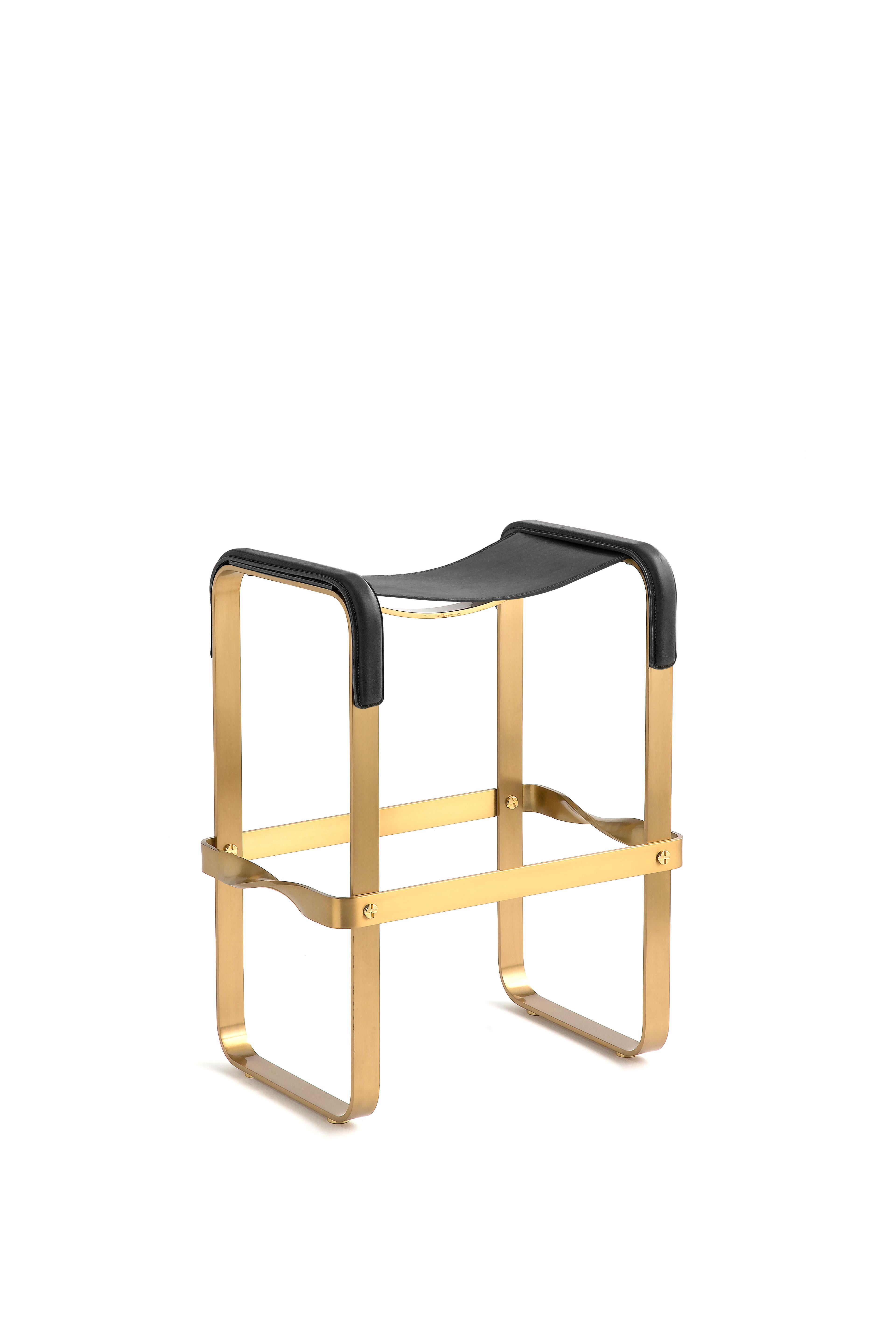 Minimalist Pair Contemporary Classic Counter Bar Stool Aged Brass Metal & Black Leather For Sale