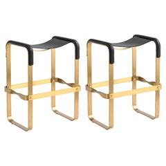 Pair Contemporary Classic Counter Bar Stool Aged Brass Metal & Black Leather