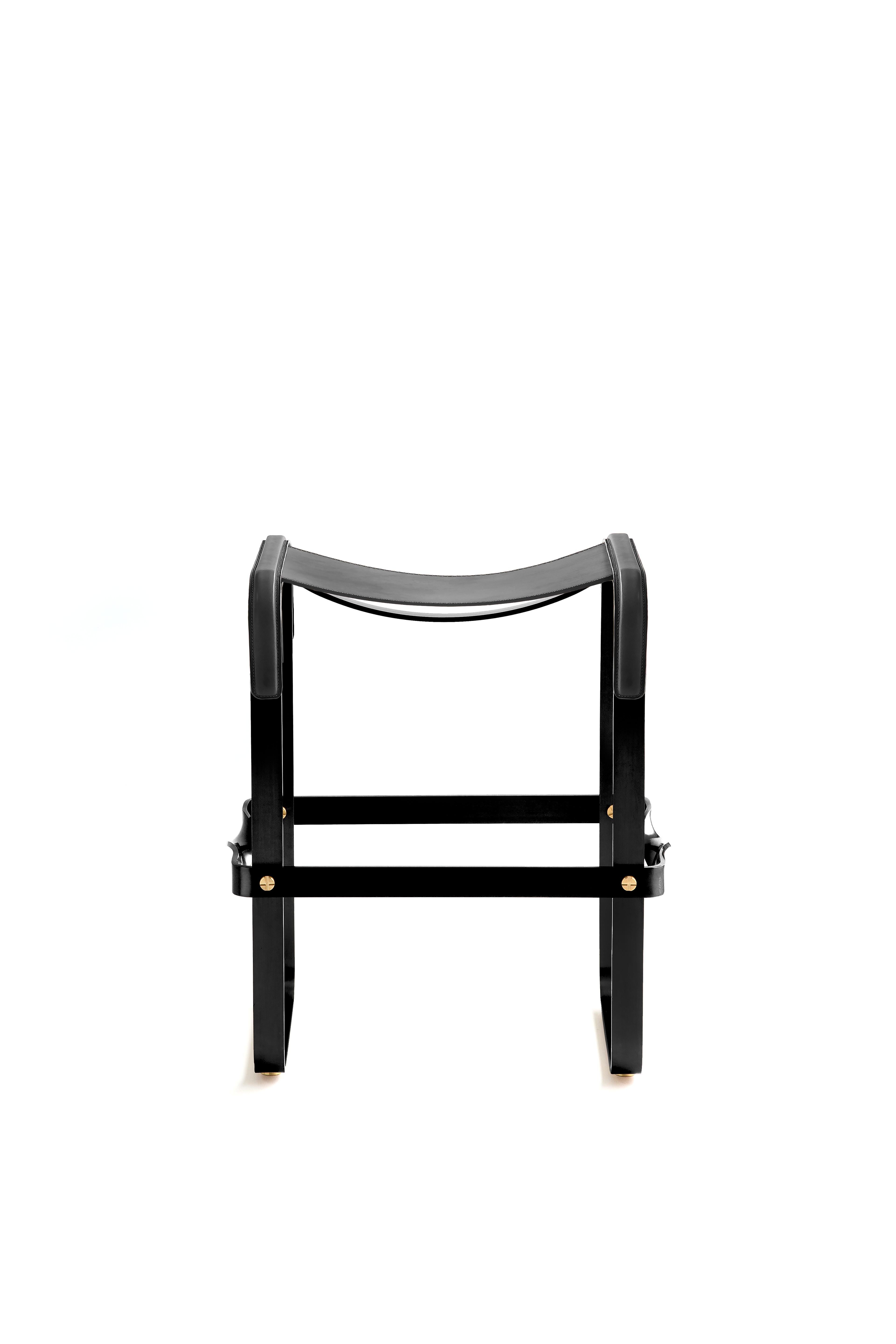 Modern Pair Contemporary Counter Bar Stool Black Metal & Black Leather For Sale