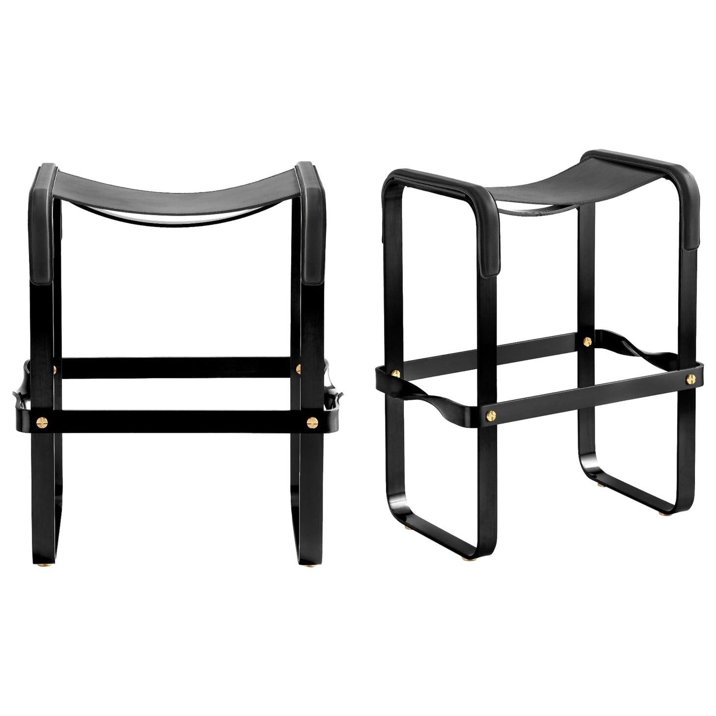 Pair Contemporary Counter Bar Stool Black Metal & Black Leather For Sale