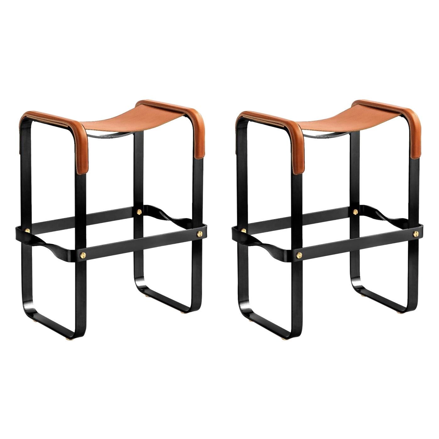 Pair Classic Contemporary Counter Bar Stool Black Steel & Tobacco Leather