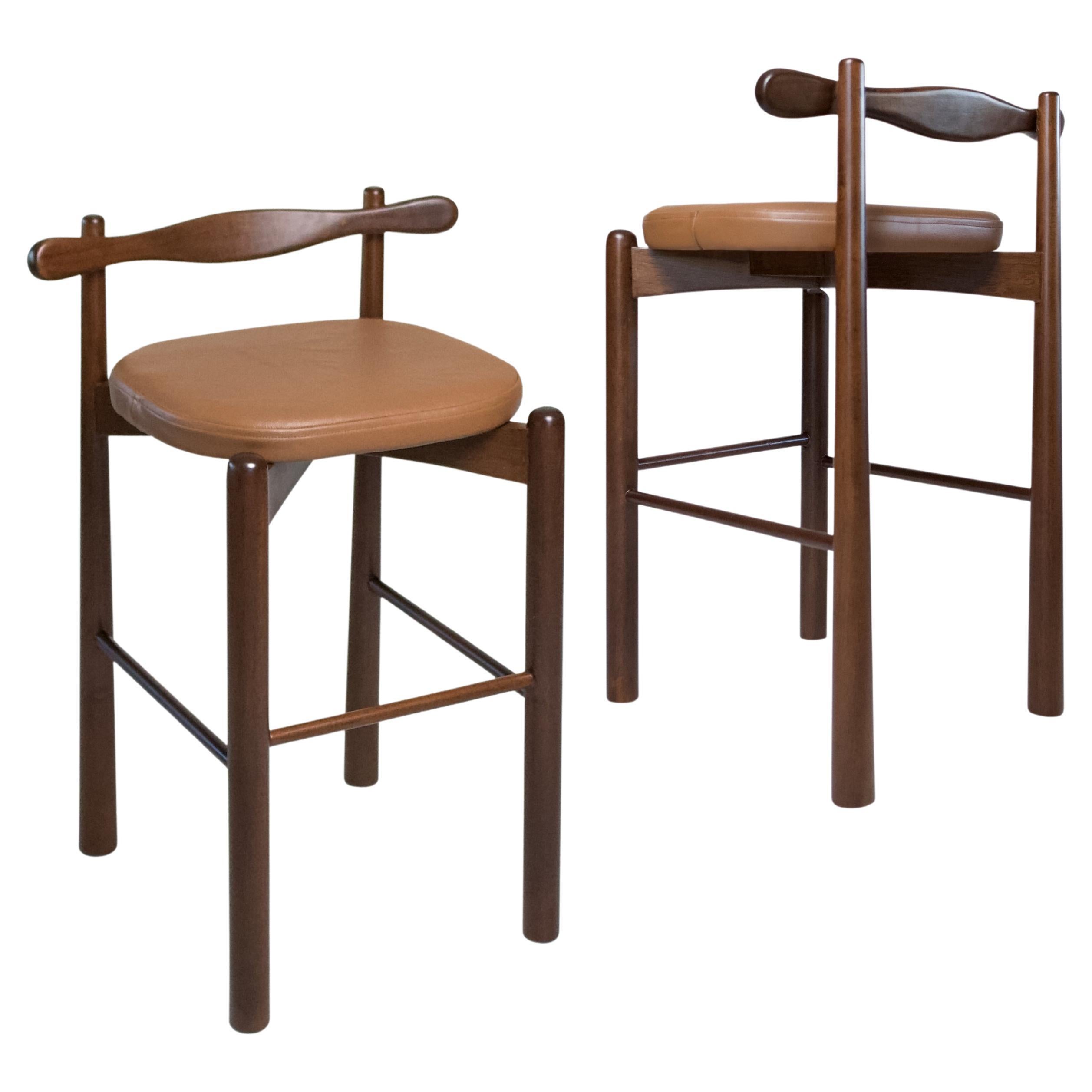 Set of 2 Counter Stools Uçá,  Dark Brown Wood (fabric ref : F08) For Sale