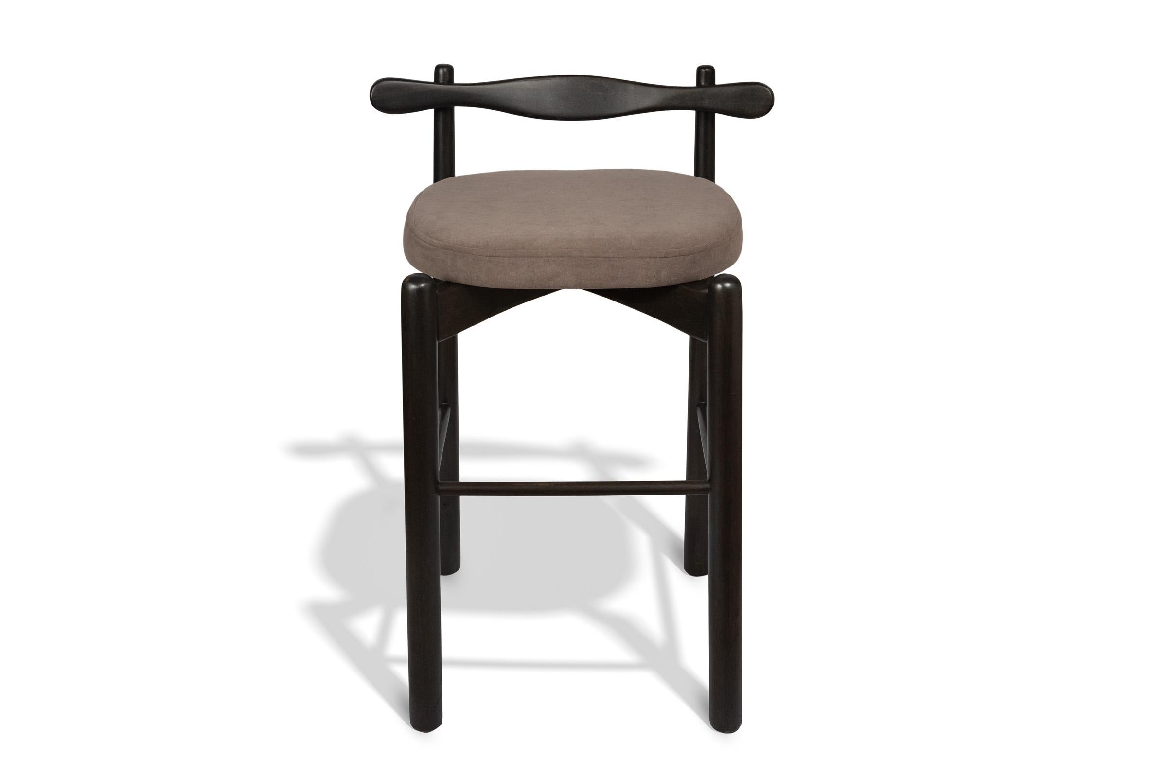 Organic Modern Set of 2 Counter Stools Uçá,  Ebony Finish Wood (fabric ref : F20) For Sale