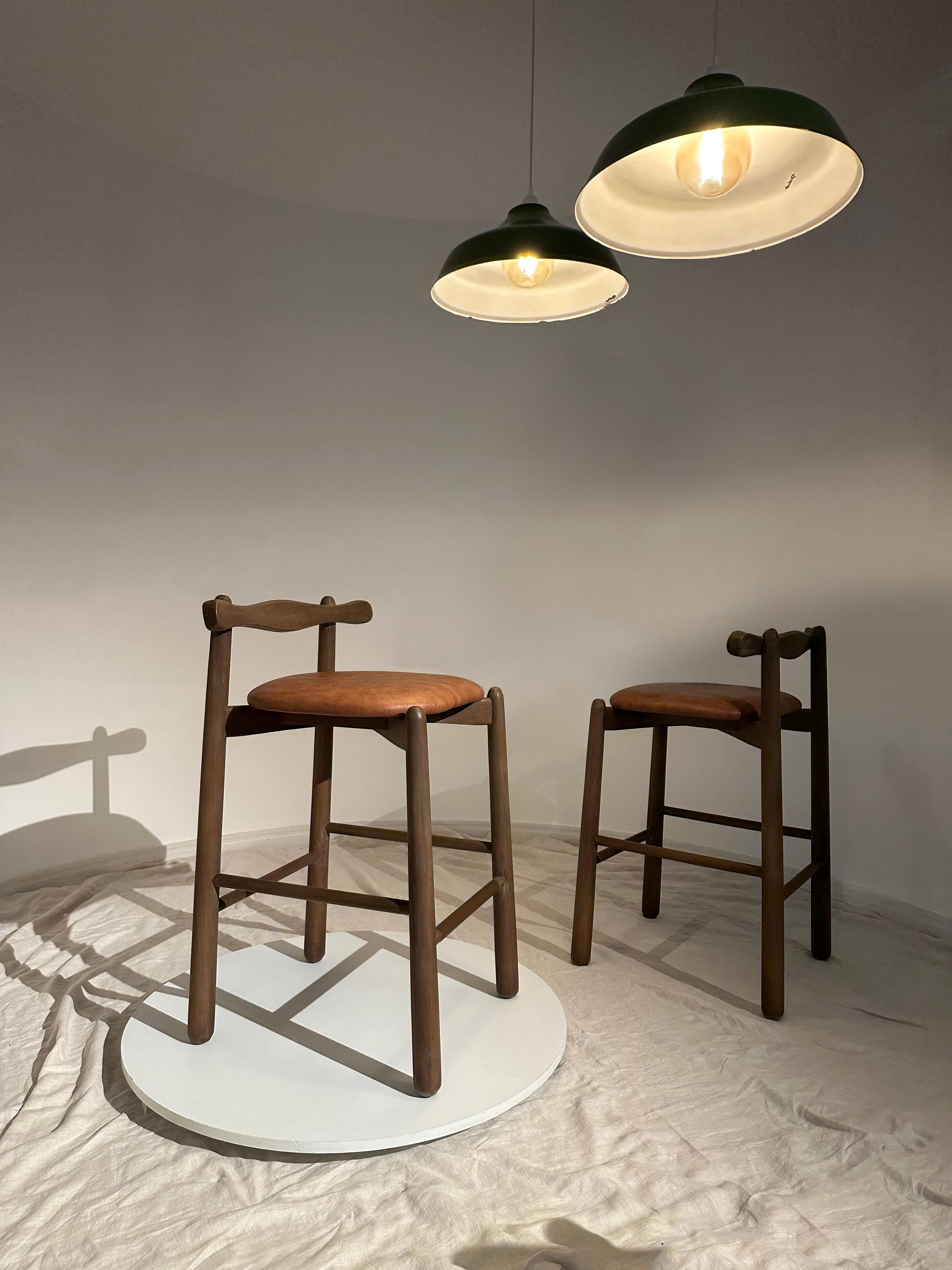 Contemporary Set of 2 Counter Stools Uçá.Solid wood, available for immediate delivery For Sale