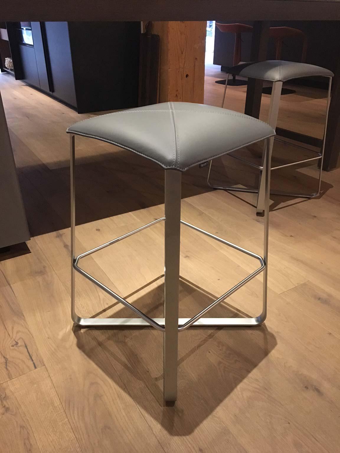 Modern Set of 2 Counter Stools with Grey Leather Seat & Matt Chrome Plated Steel Frame For Sale