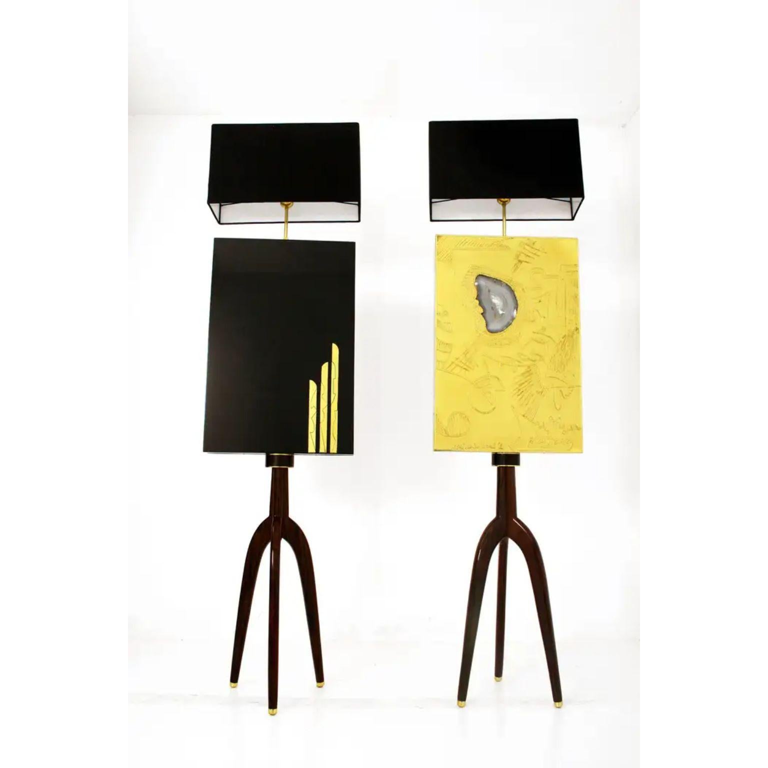 Set Of 2 Couple Brass Floor Lamps by Brutalist Be
One Of A Kind
Dimensions: D 27 x W 35 x H 152 cm.
Materials: Brass and agate stone.

Brass acid etched black patinated matching floor lamp, matching drawing of woman and man with agate stones inlay